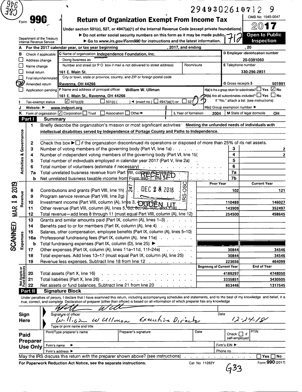 Image of first page of 2017 Form 990 for Independence Foundation