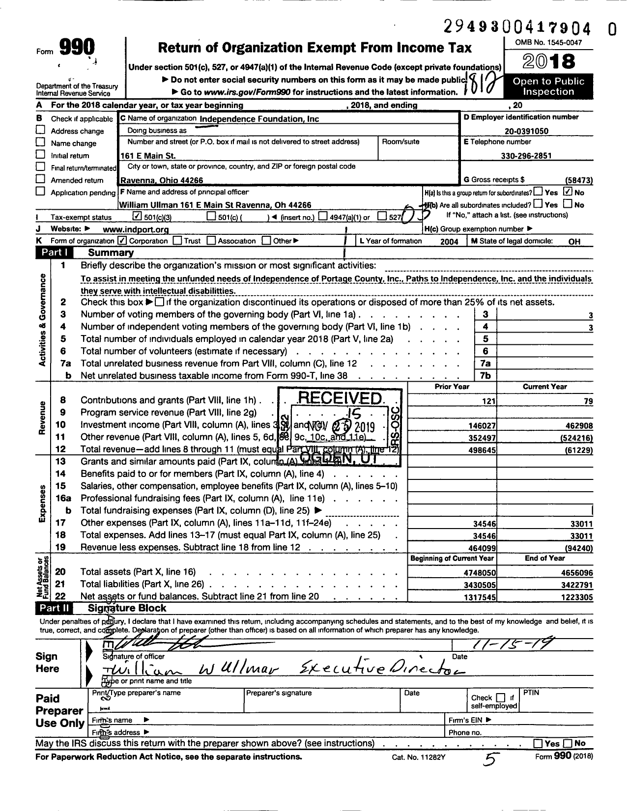 Image of first page of 2018 Form 990 for Independence Foundation