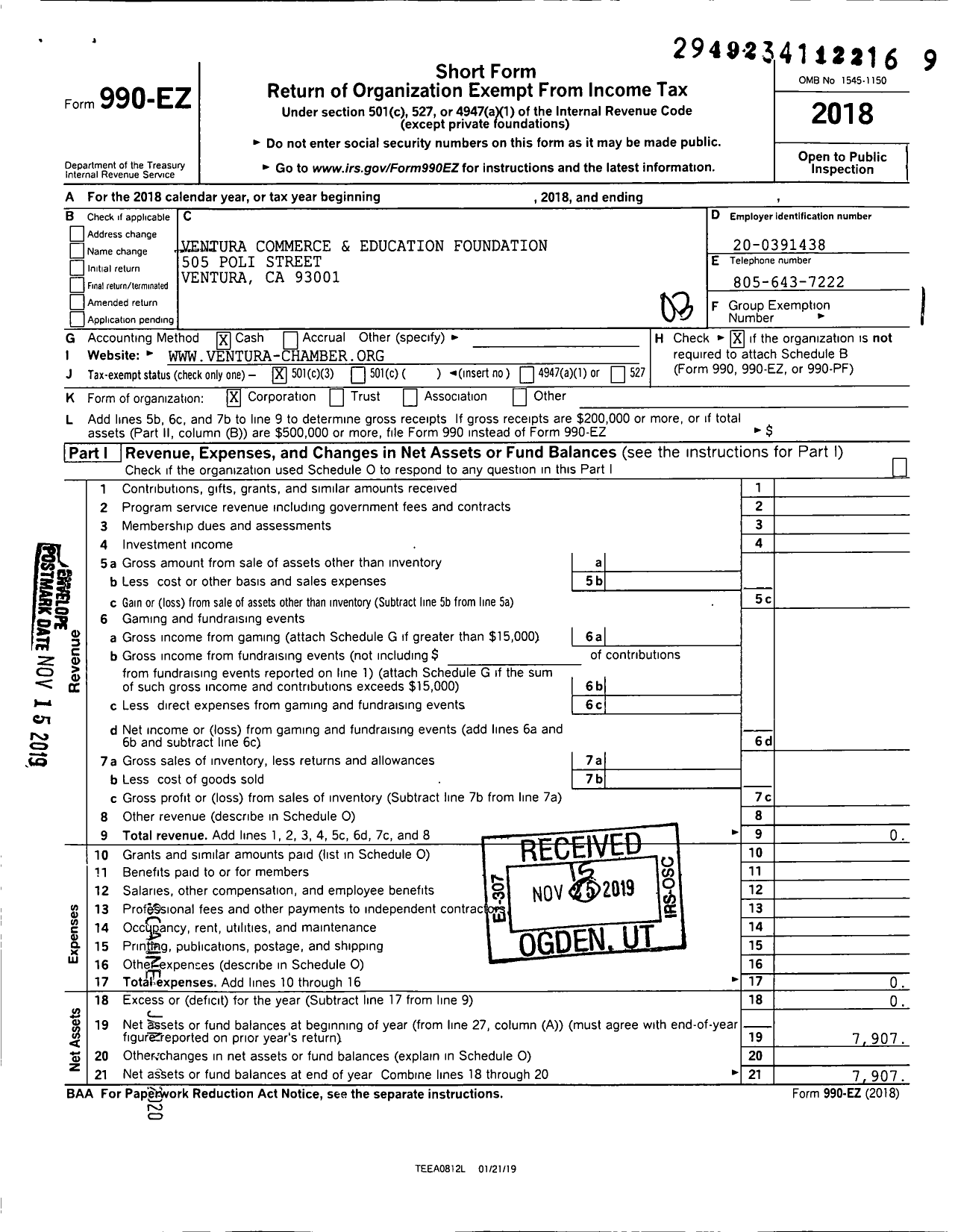 Image of first page of 2018 Form 990EZ for Ventura Commerce and Education Foundation