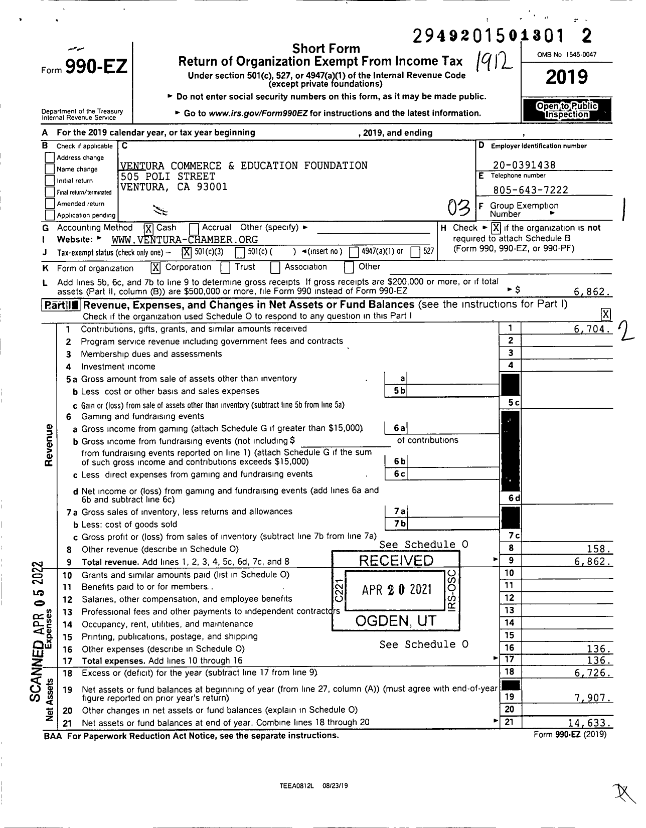 Image of first page of 2019 Form 990EZ for Ventura Commerce and Education Foundation