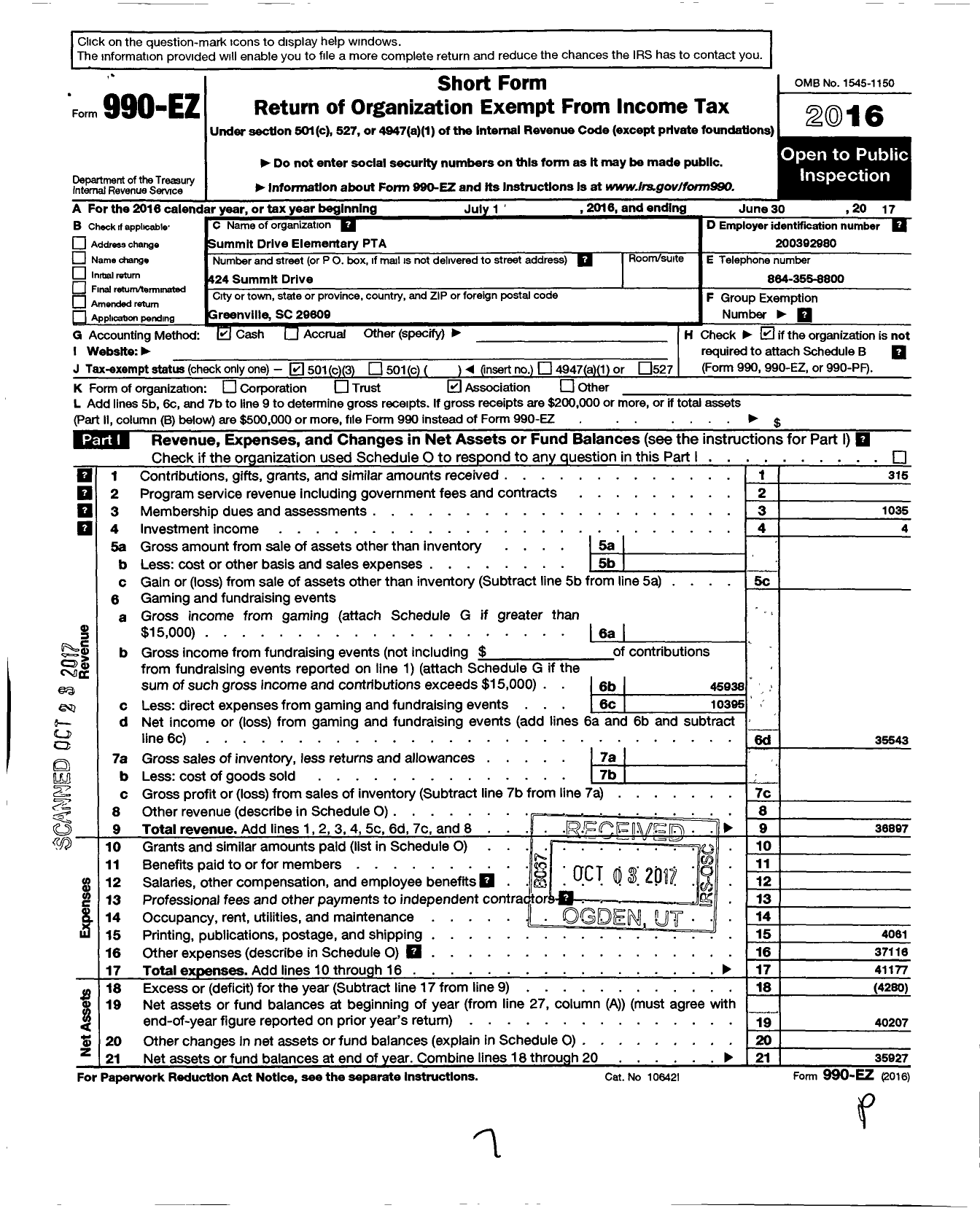Image of first page of 2016 Form 990EZ for Summit Drive Elementary PTA