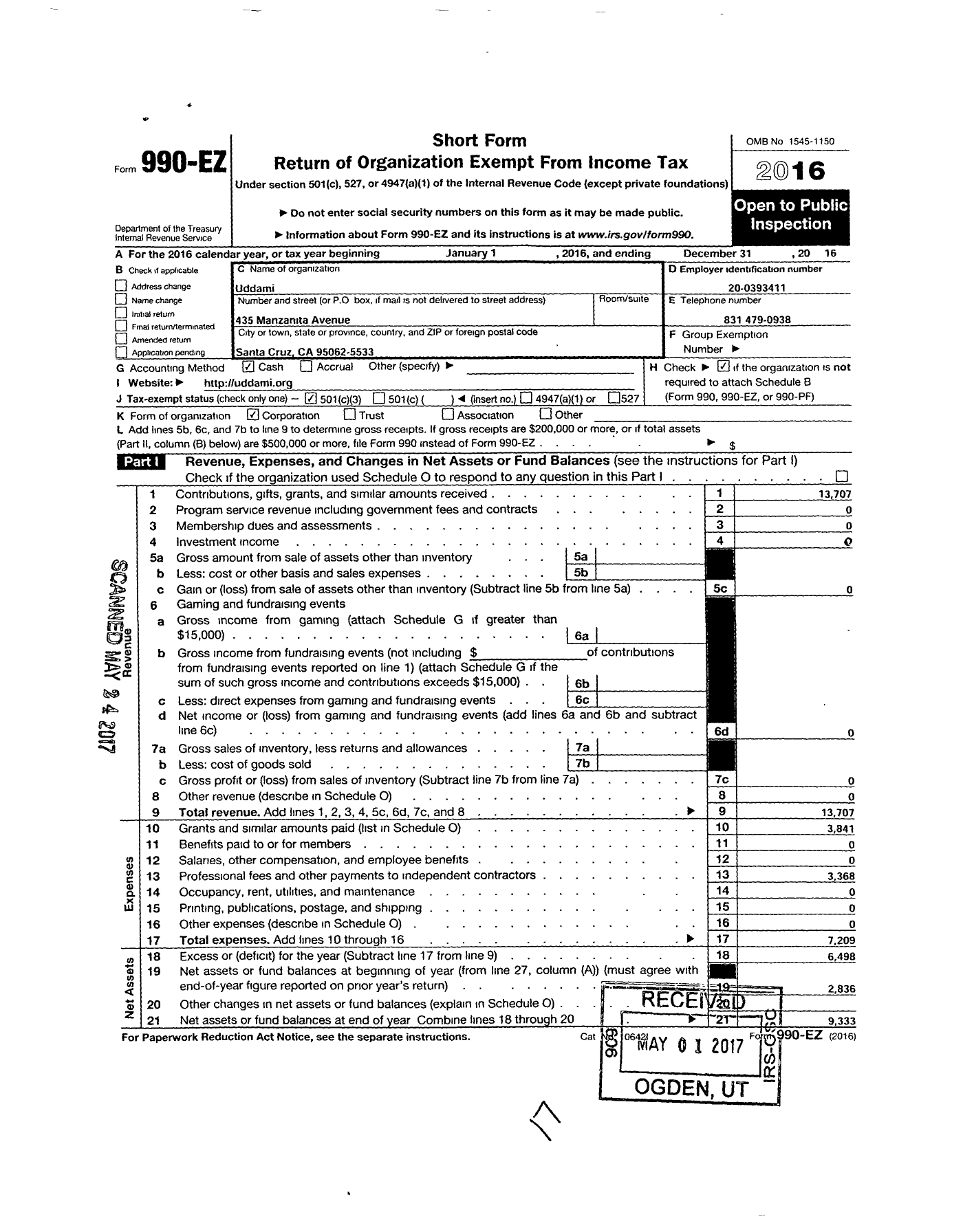 Image of first page of 2016 Form 990EZ for Uddami