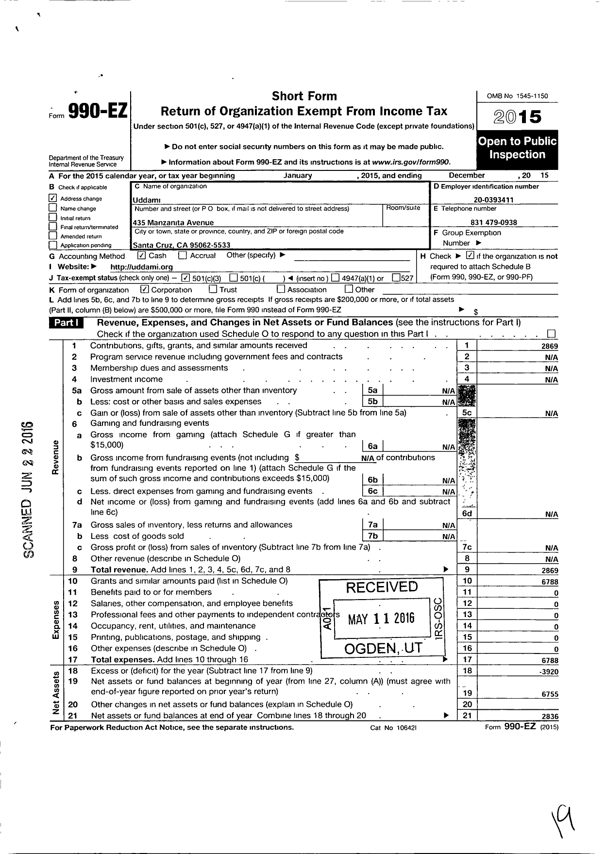 Image of first page of 2015 Form 990EZ for Uddami