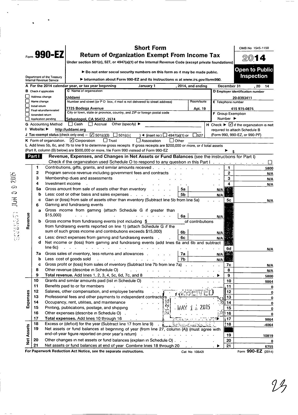 Image of first page of 2014 Form 990EZ for Uddami