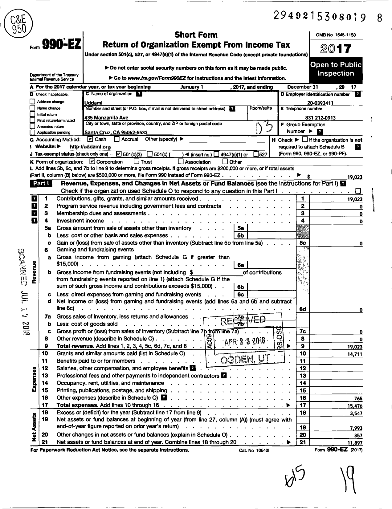 Image of first page of 2017 Form 990EZ for Uddami