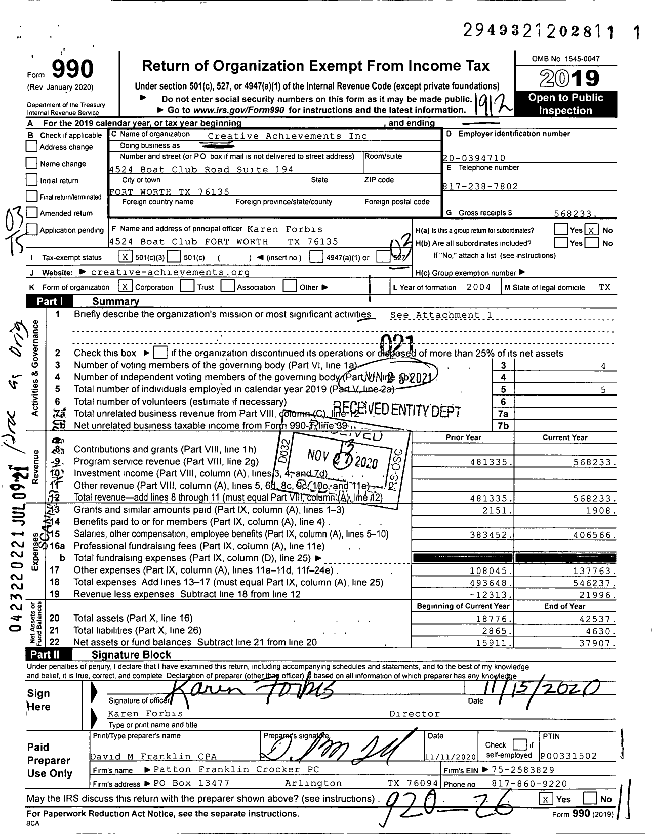 Image of first page of 2019 Form 990 for Creative Achievements