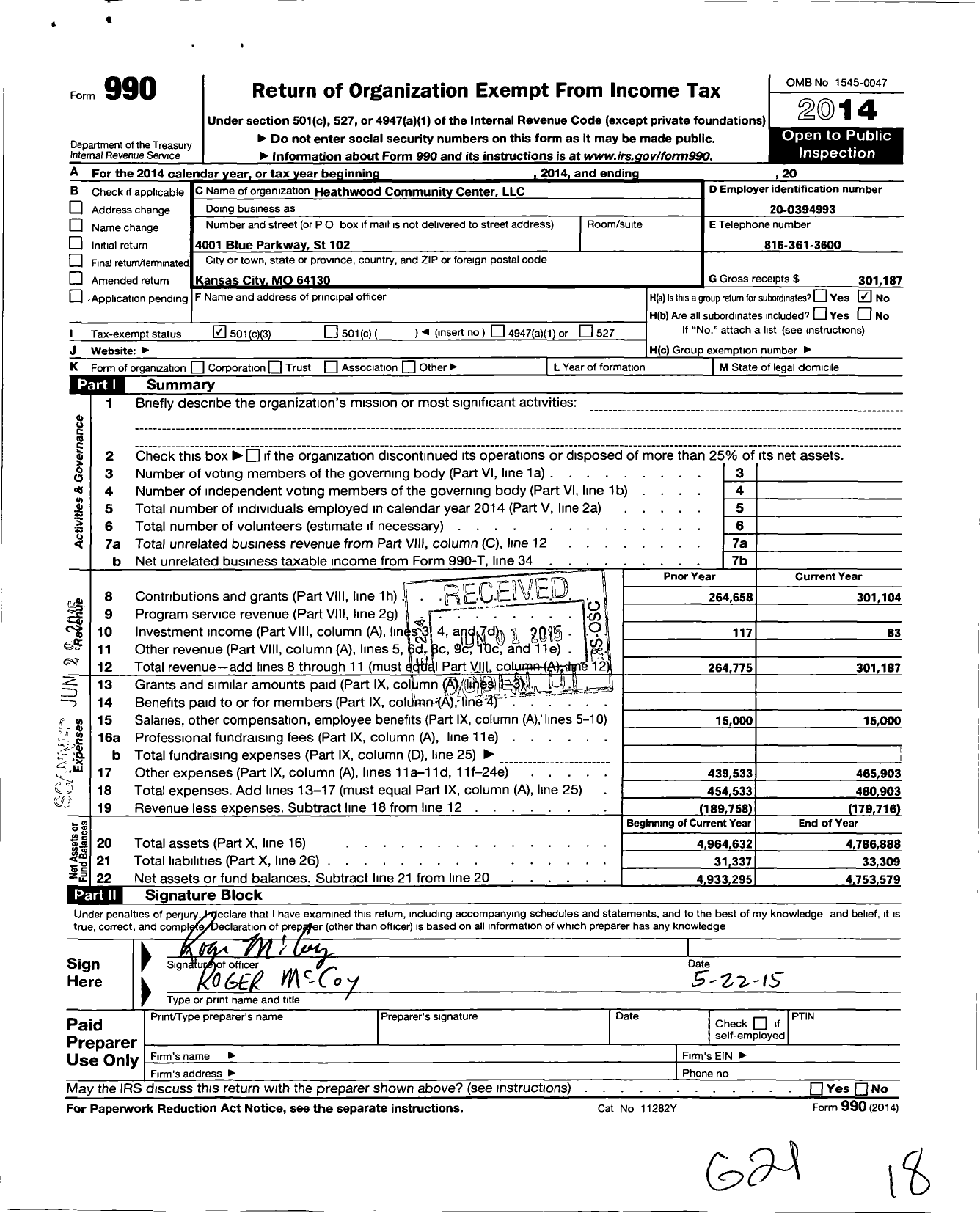 Image of first page of 2014 Form 990 for Heathwood Community Center LLC