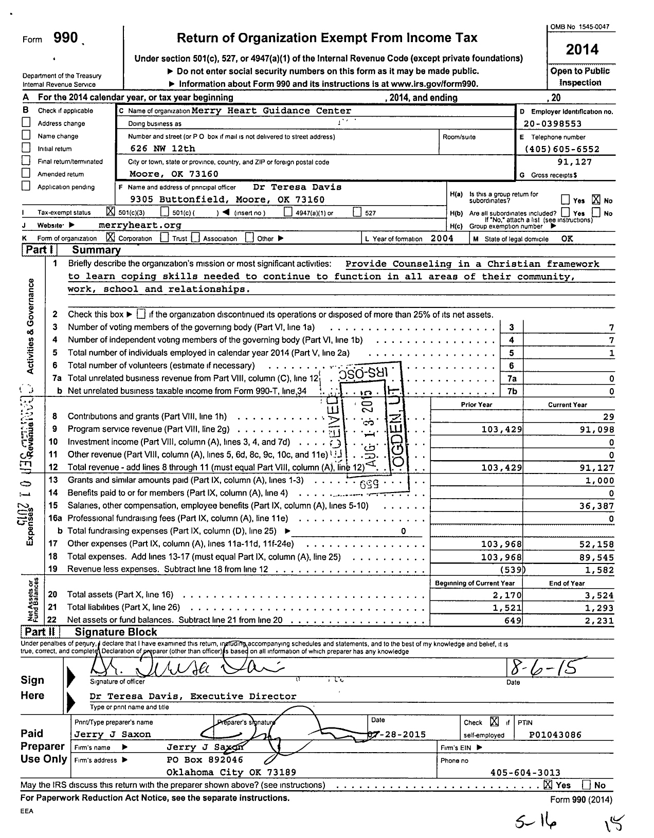 Image of first page of 2014 Form 990 for Merry Heart Guidance Center