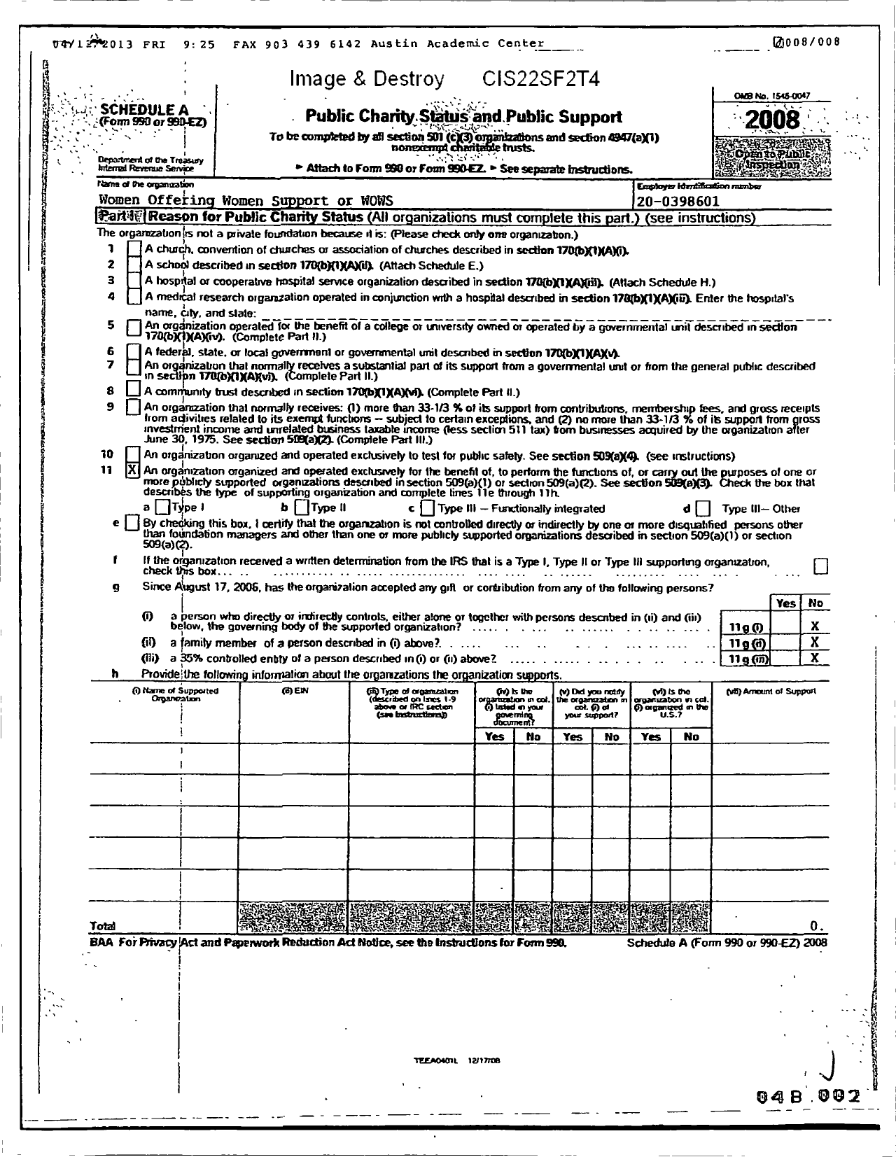 Image of first page of 2008 Form 990ER for Women Offering Women Support (WOWS)