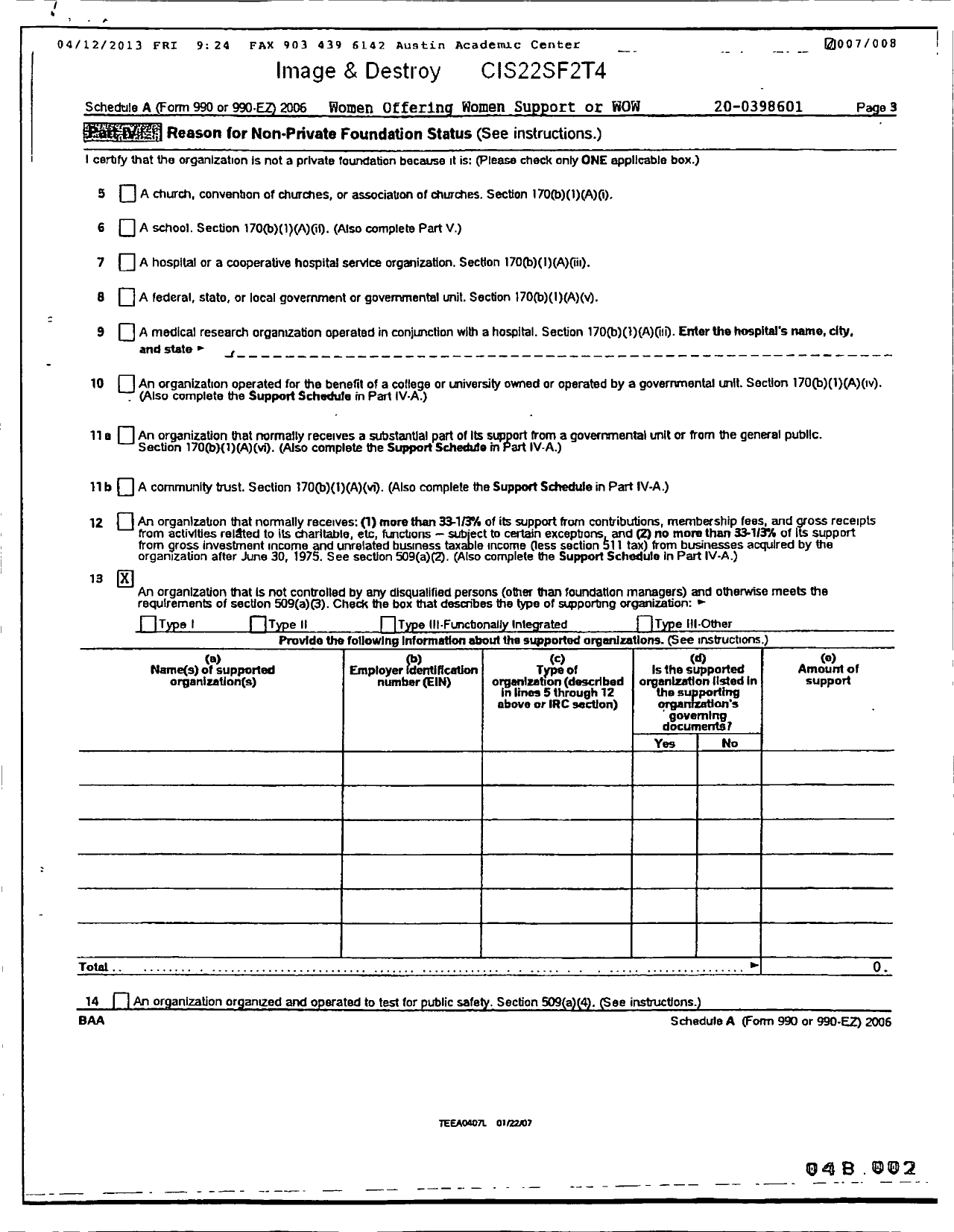 Image of first page of 2006 Form 990ER for Women Offering Women Support (WOWS)