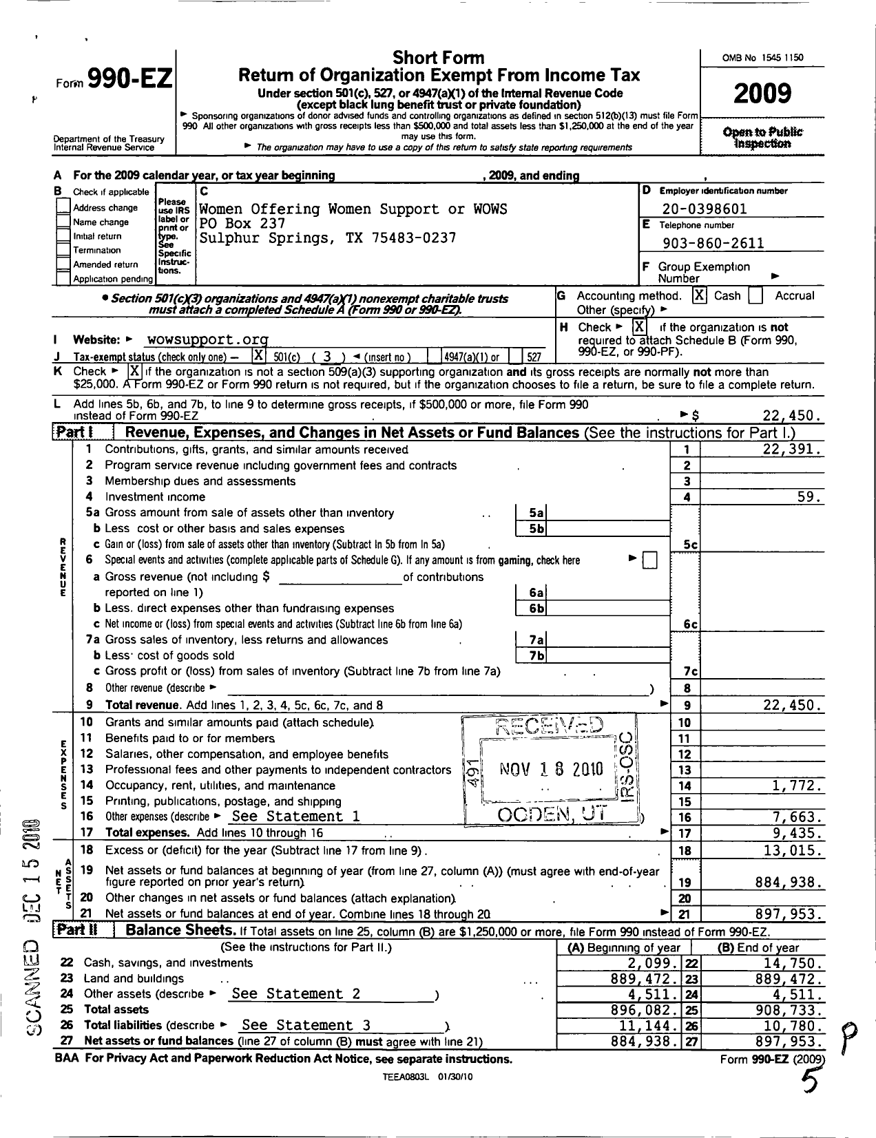 Image of first page of 2009 Form 990EZ for Women Offering Women Support (WOWS)