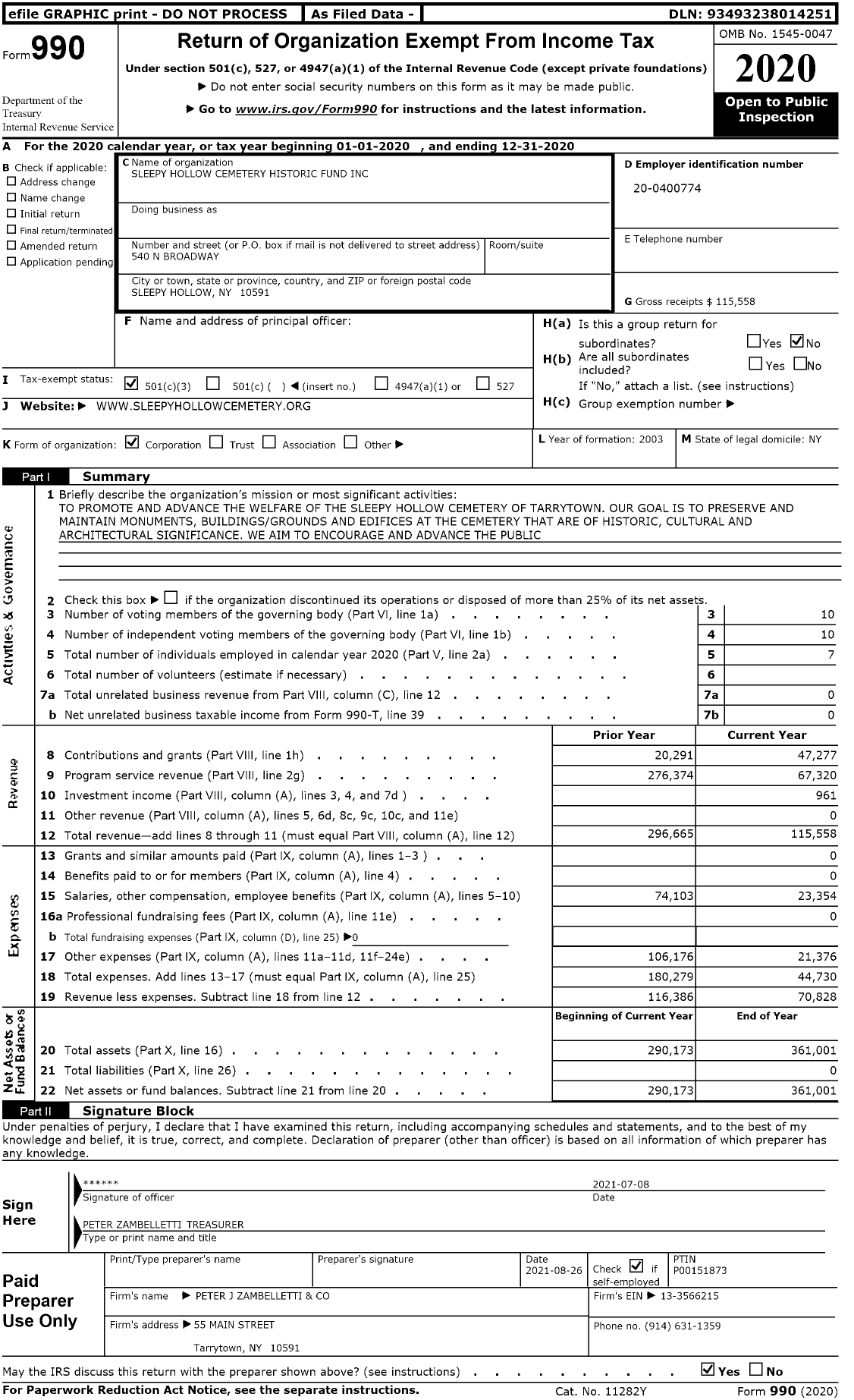 Image of first page of 2020 Form 990 for Sleepy Hollow Cemetery Historic Fund