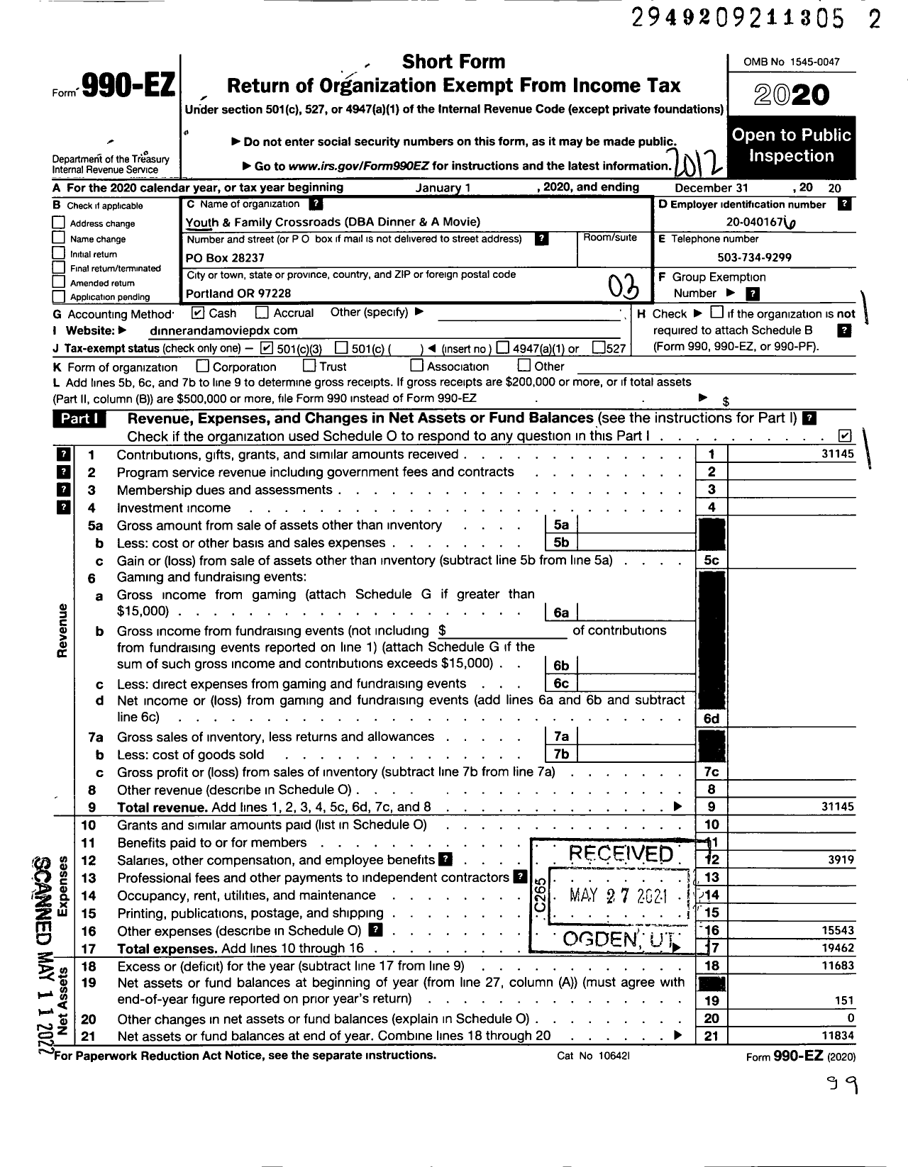 Image of first page of 2020 Form 990EZ for Dinner and A Movie / Youth & Family Crossroads