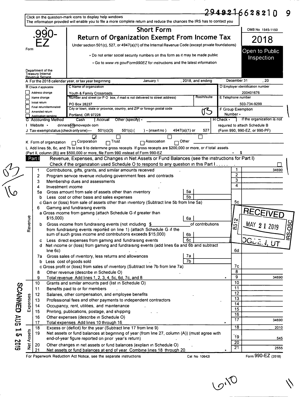 Image of first page of 2018 Form 990EZ for Dinner and A Movie / Youth & Family Crossroads