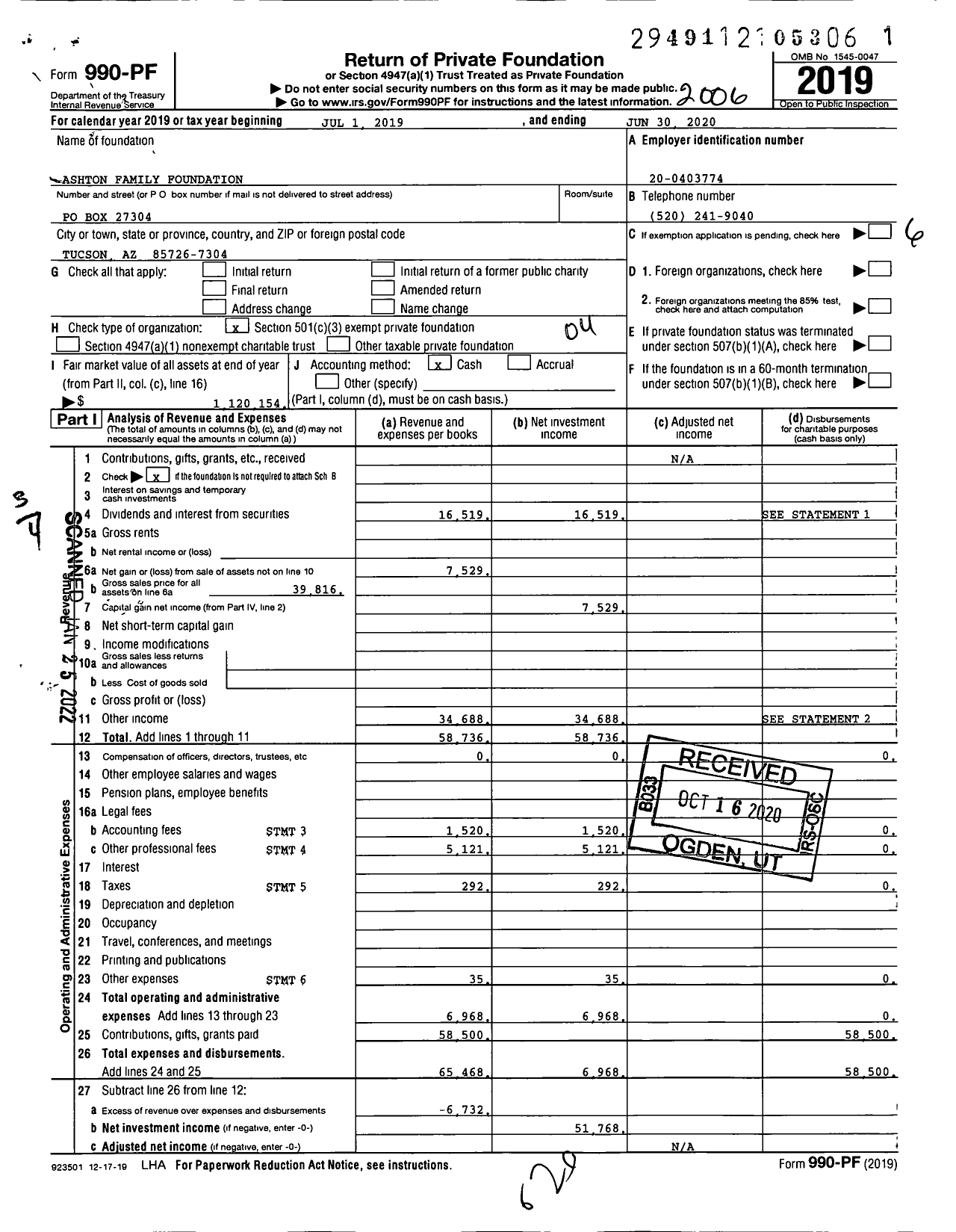 Image of first page of 2019 Form 990PF for Ashton Family Foundation