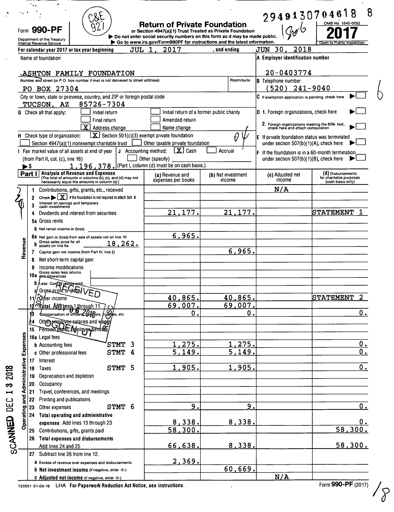 Image of first page of 2017 Form 990PF for Ashton Family Foundation