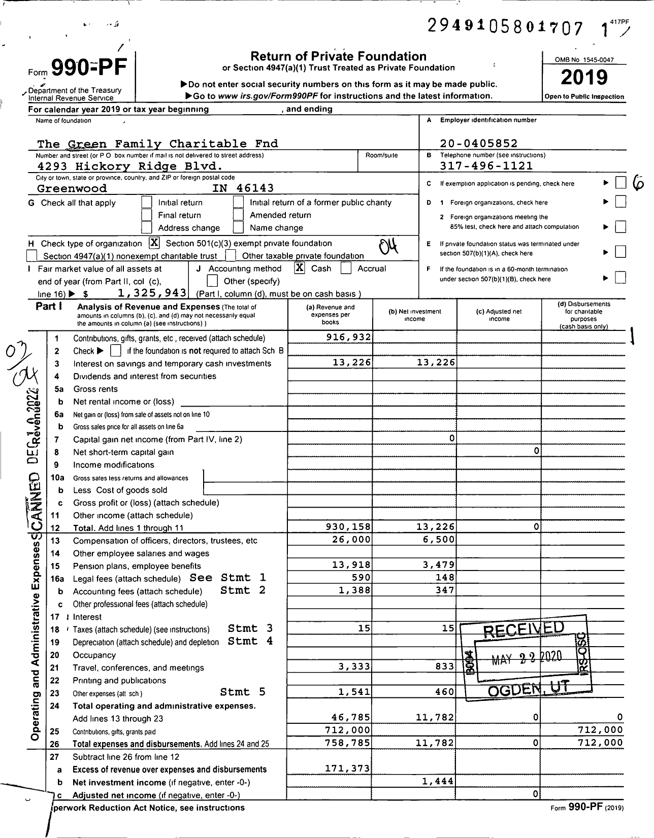 Image of first page of 2019 Form 990PF for The Green Family Charitable FND