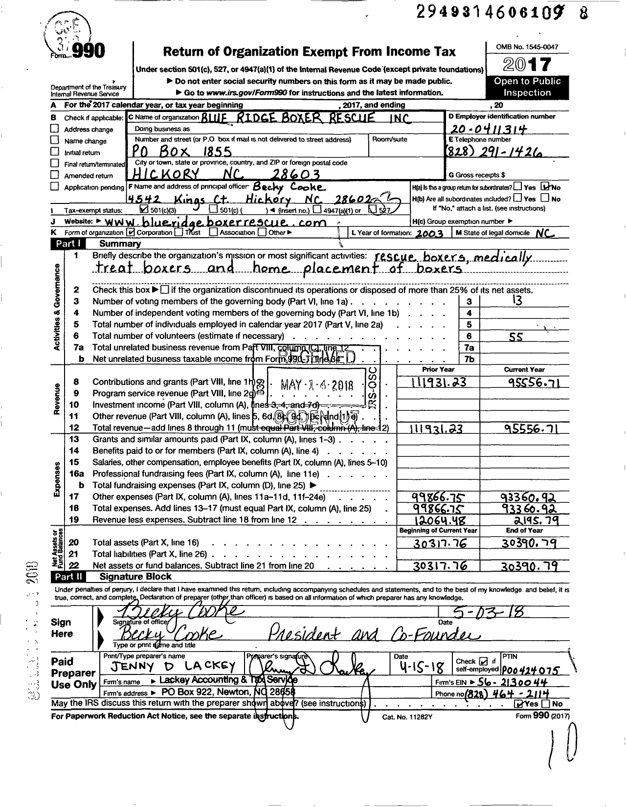 Image of first page of 2017 Form 990 for Blue Ridge Boxer Rescue