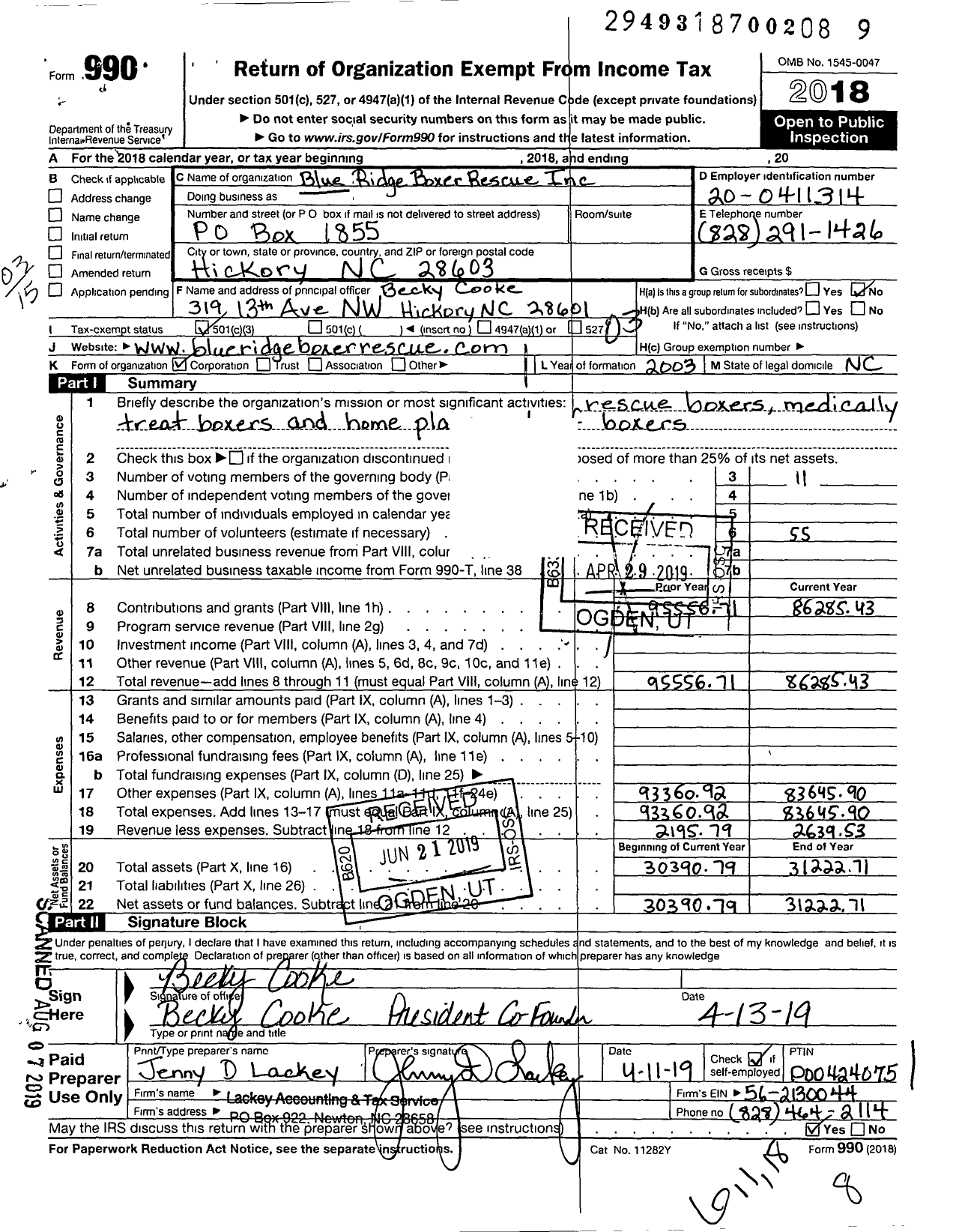 Image of first page of 2018 Form 990 for Blue Ridge Boxer Rescue