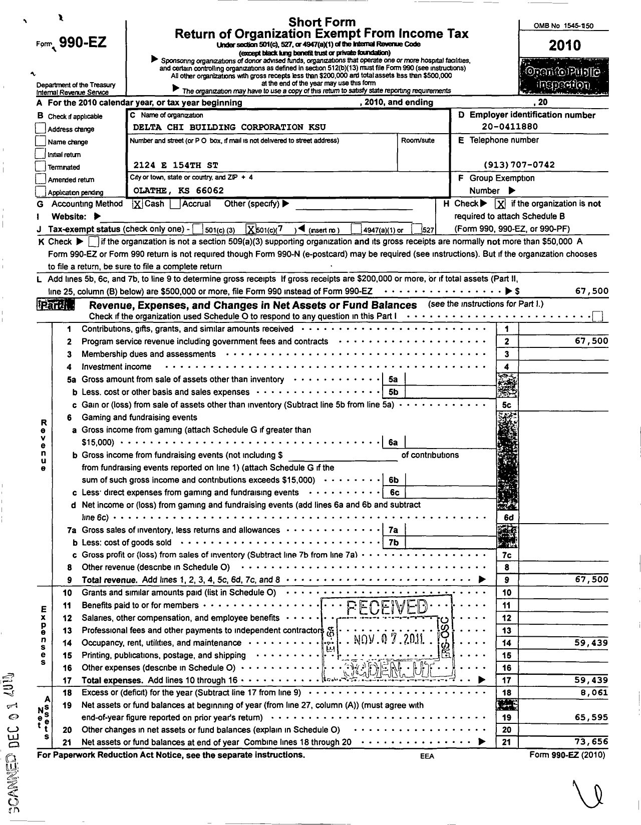 Image of first page of 2010 Form 990EO for The Delta Chi Building Corporation