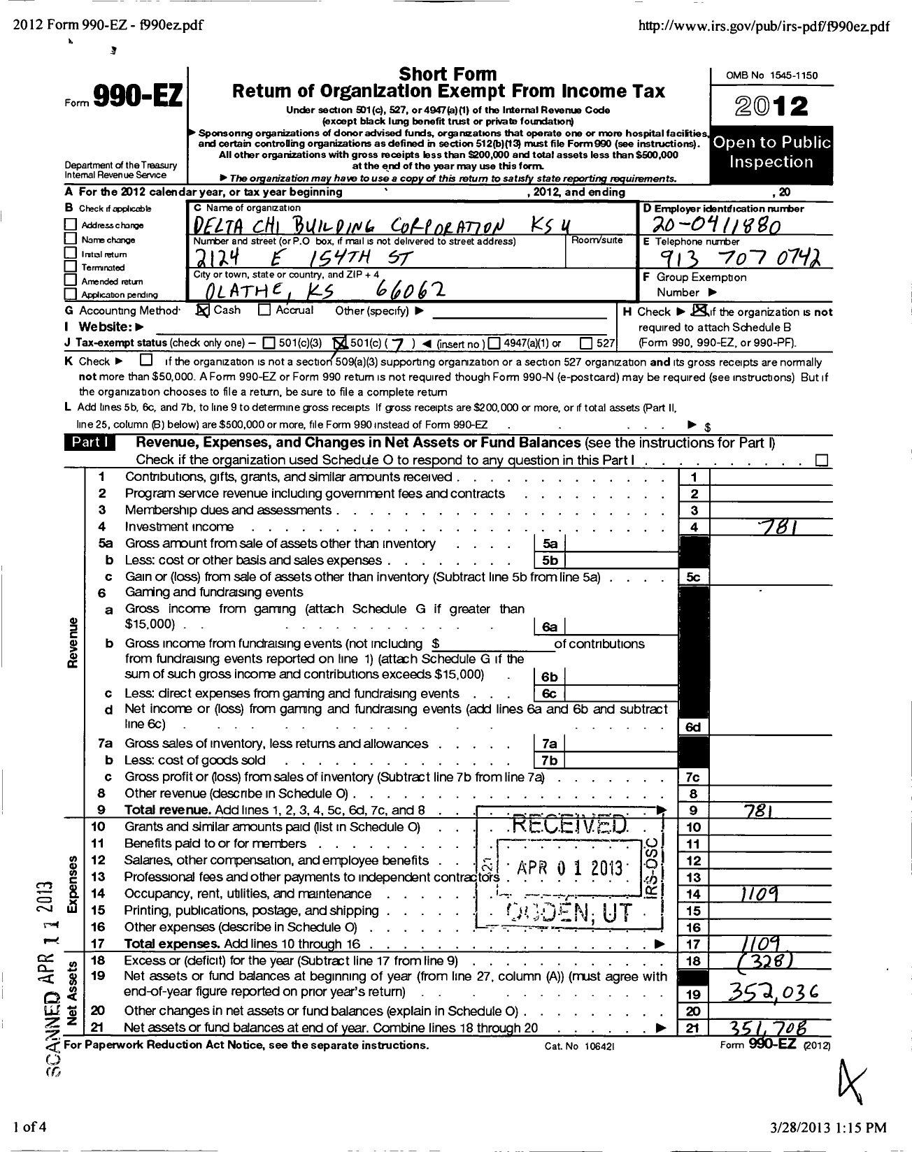 Image of first page of 2012 Form 990EO for The Delta Chi Building Corporation