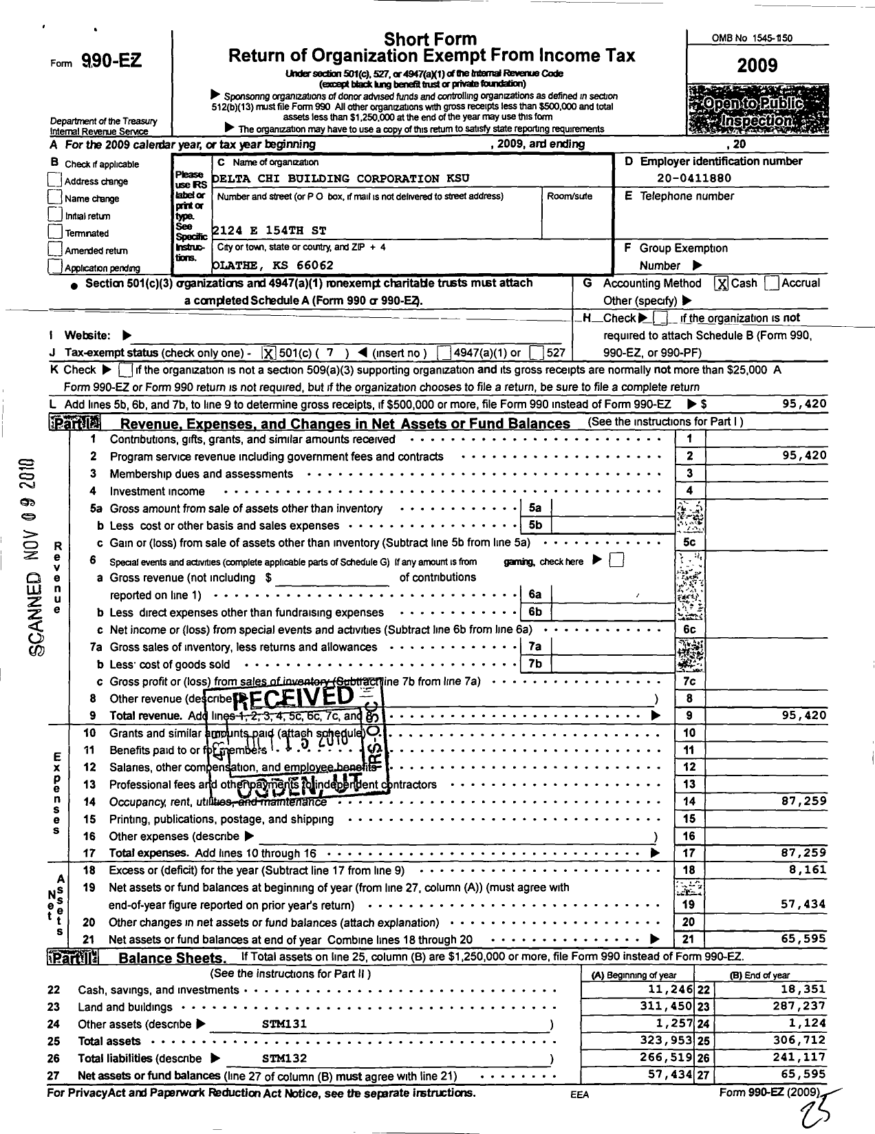 Image of first page of 2009 Form 990EO for The Delta Chi Building Corporation