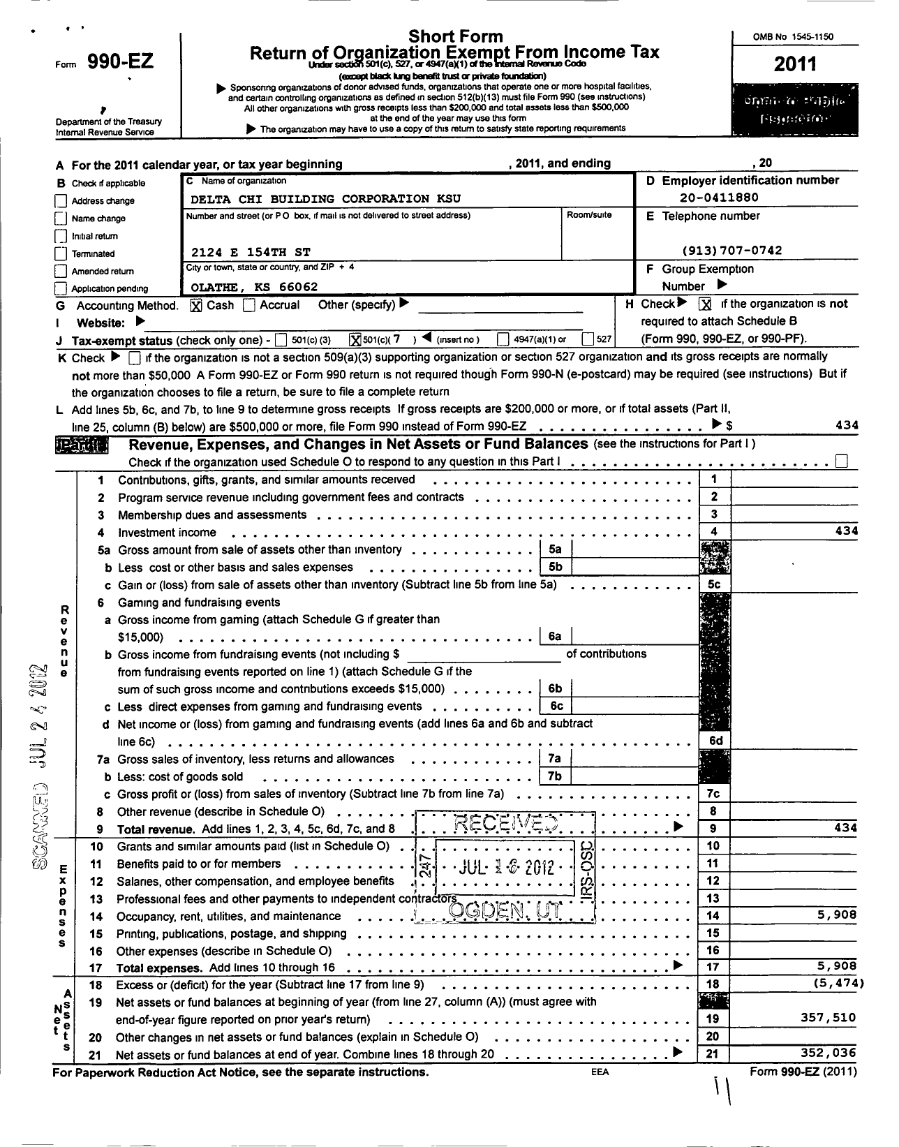 Image of first page of 2011 Form 990EO for The Delta Chi Building Corporation