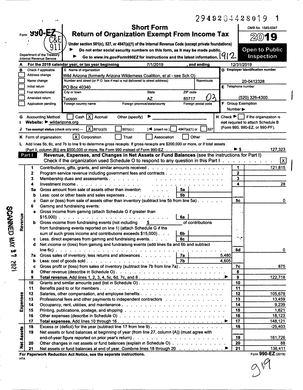 Image of first page of 2019 Form 990EZ for Wild Arizona