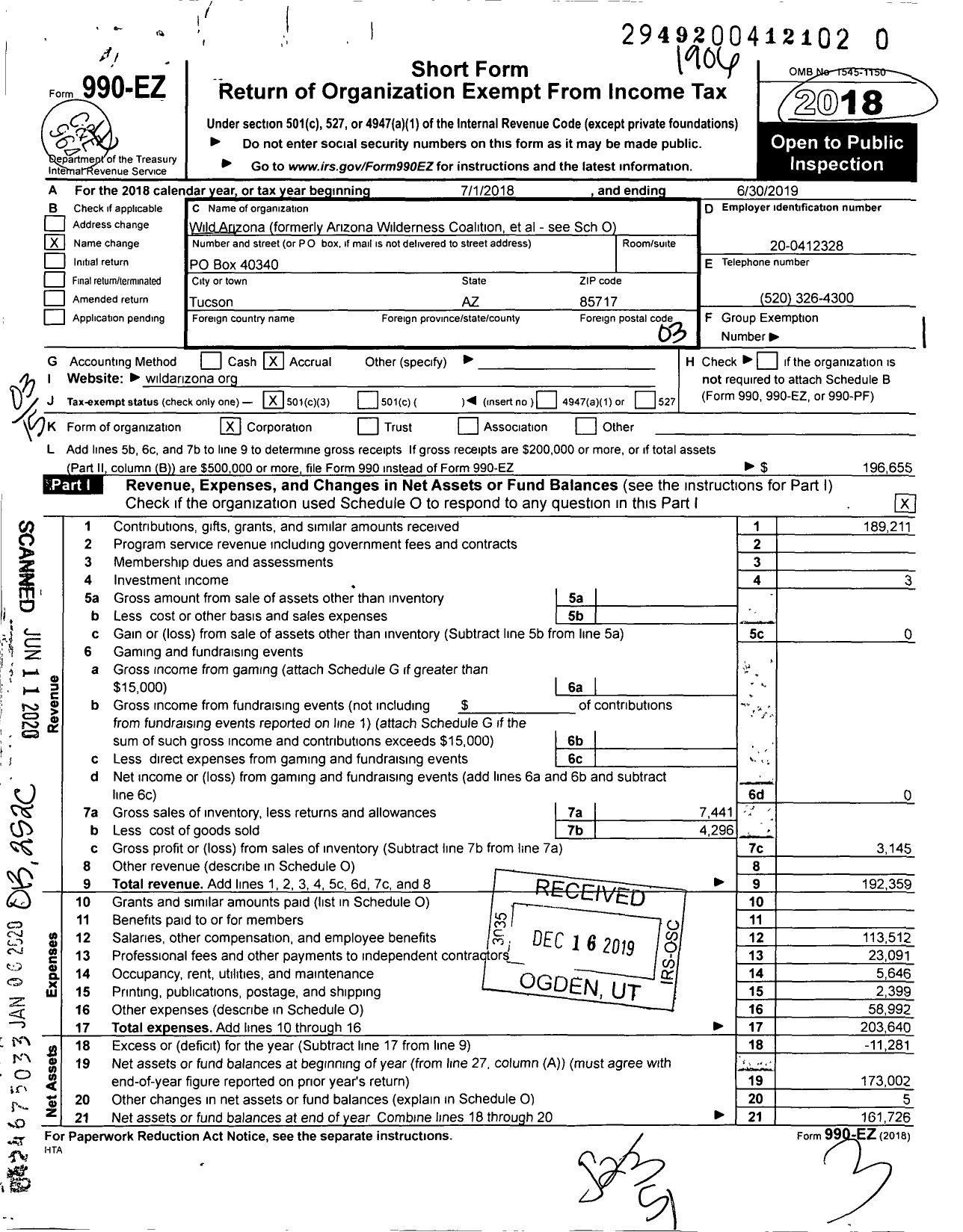 Image of first page of 2018 Form 990EZ for Wild Arizona