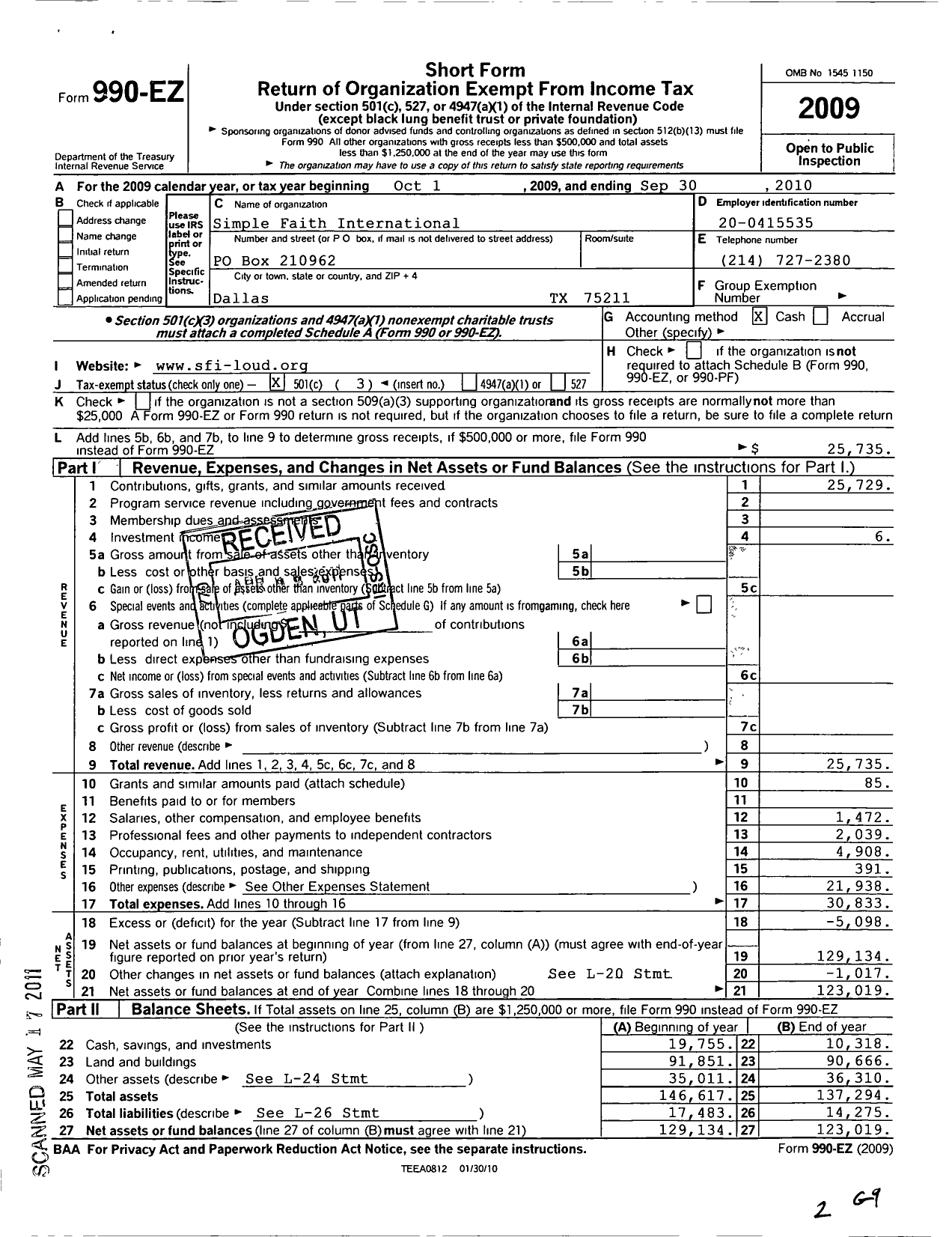 Image of first page of 2009 Form 990EZ for Simple Faith International