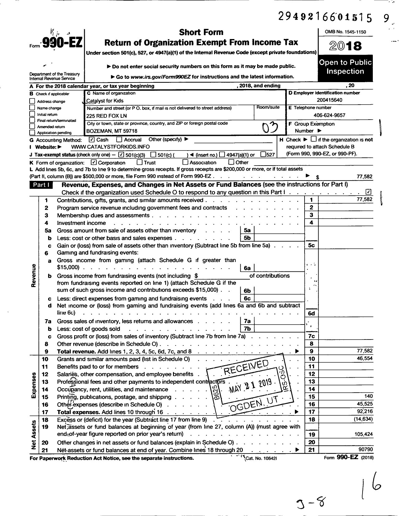 Image of first page of 2018 Form 990EZ for Catalyst for Kids