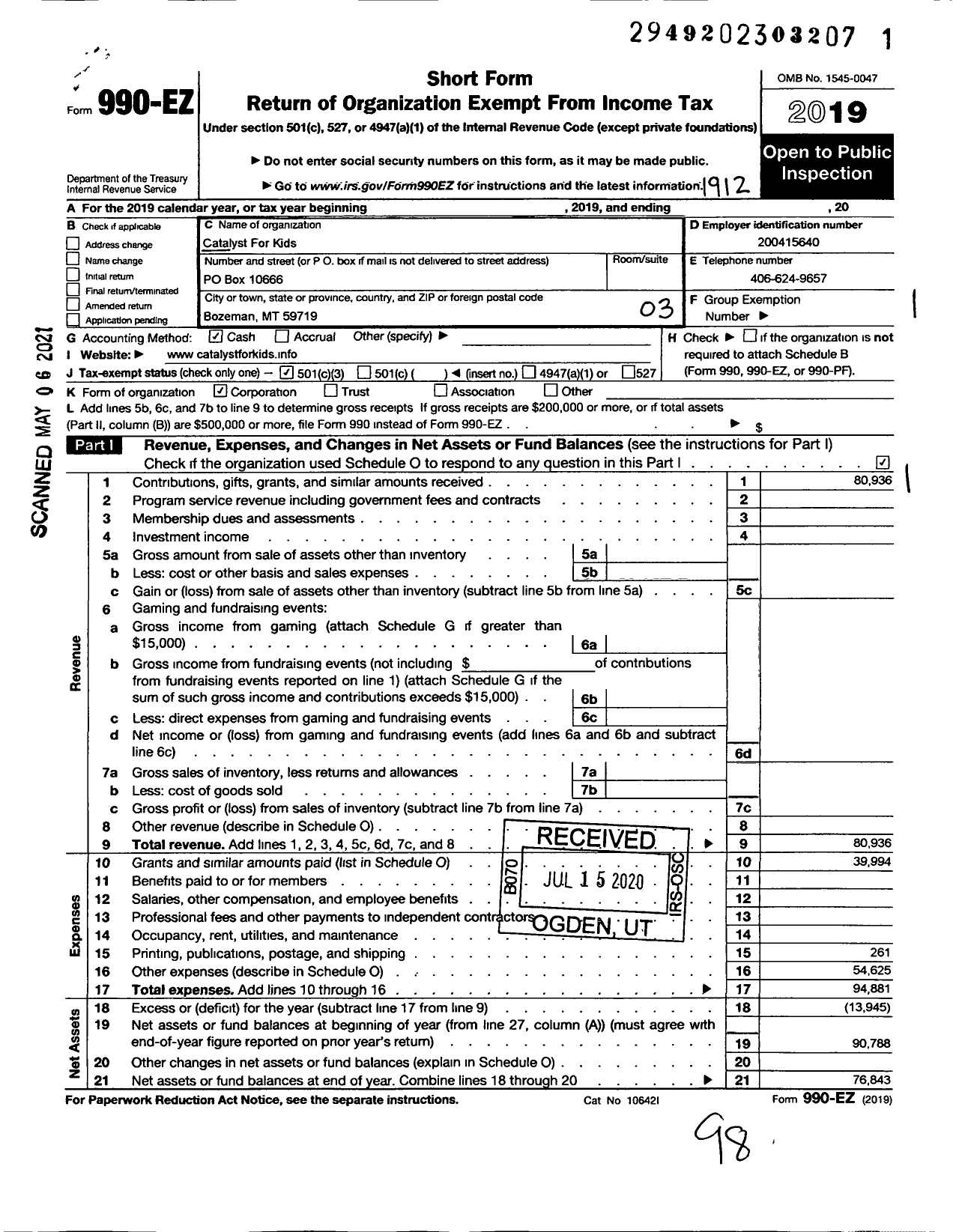 Image of first page of 2019 Form 990EZ for Catalyst for Kids