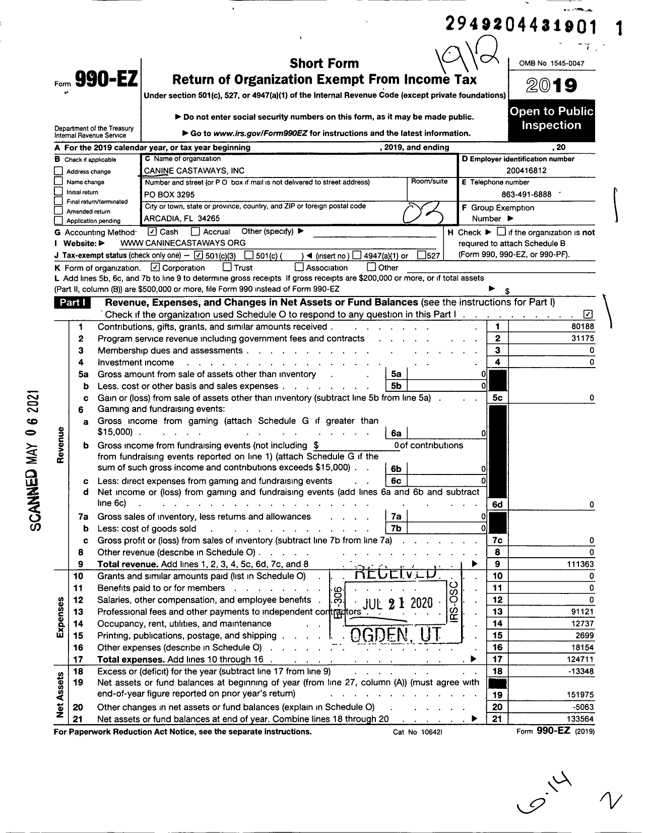 Image of first page of 2019 Form 990EZ for Canine Castaways