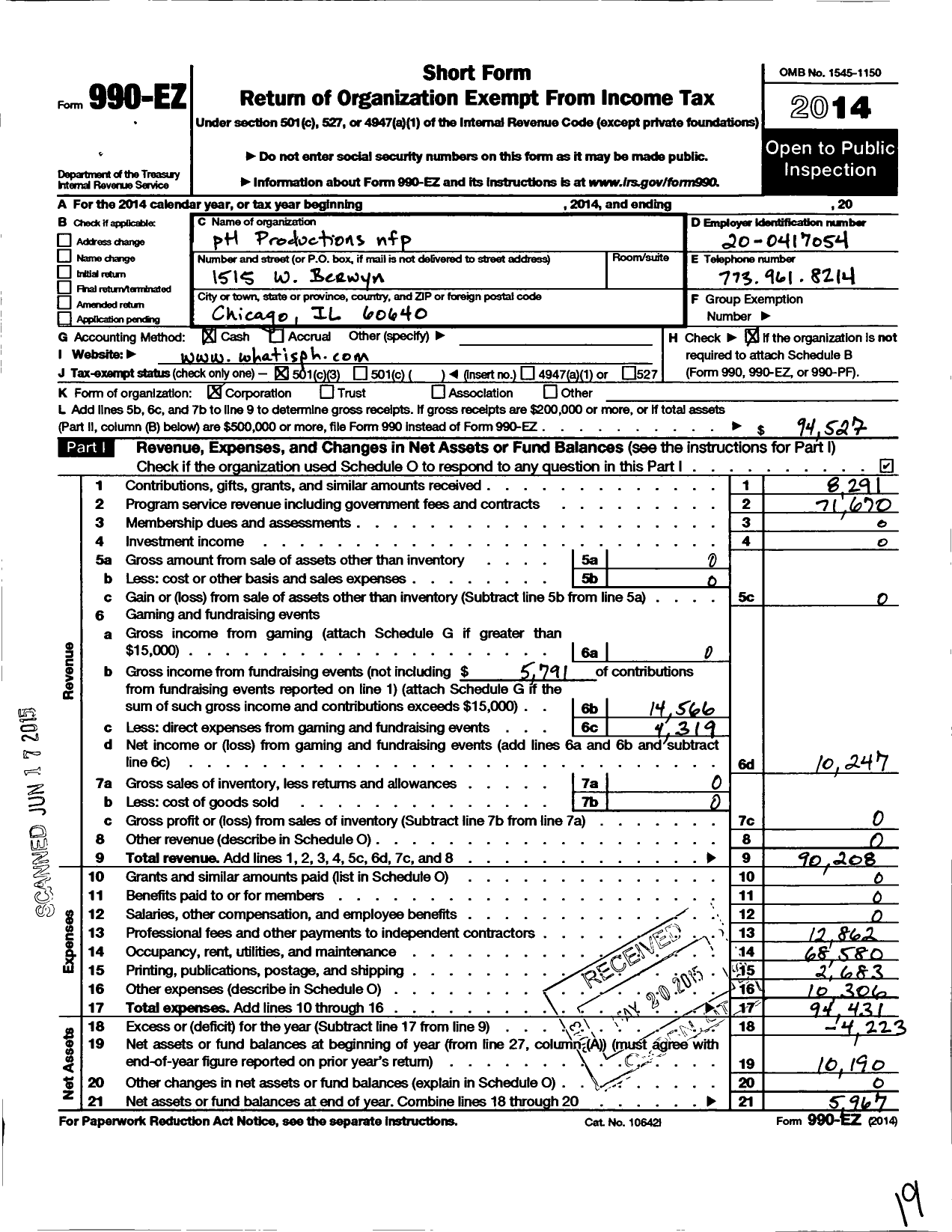 Image of first page of 2014 Form 990EZ for Ph Productions Nfp