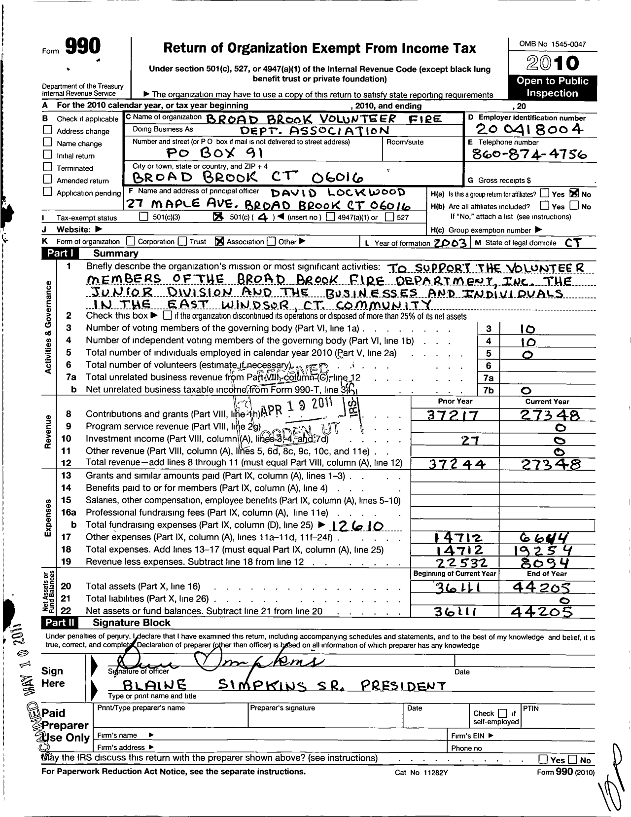 Image of first page of 2010 Form 990O for Broad Brook Volunteer Fire Department Association