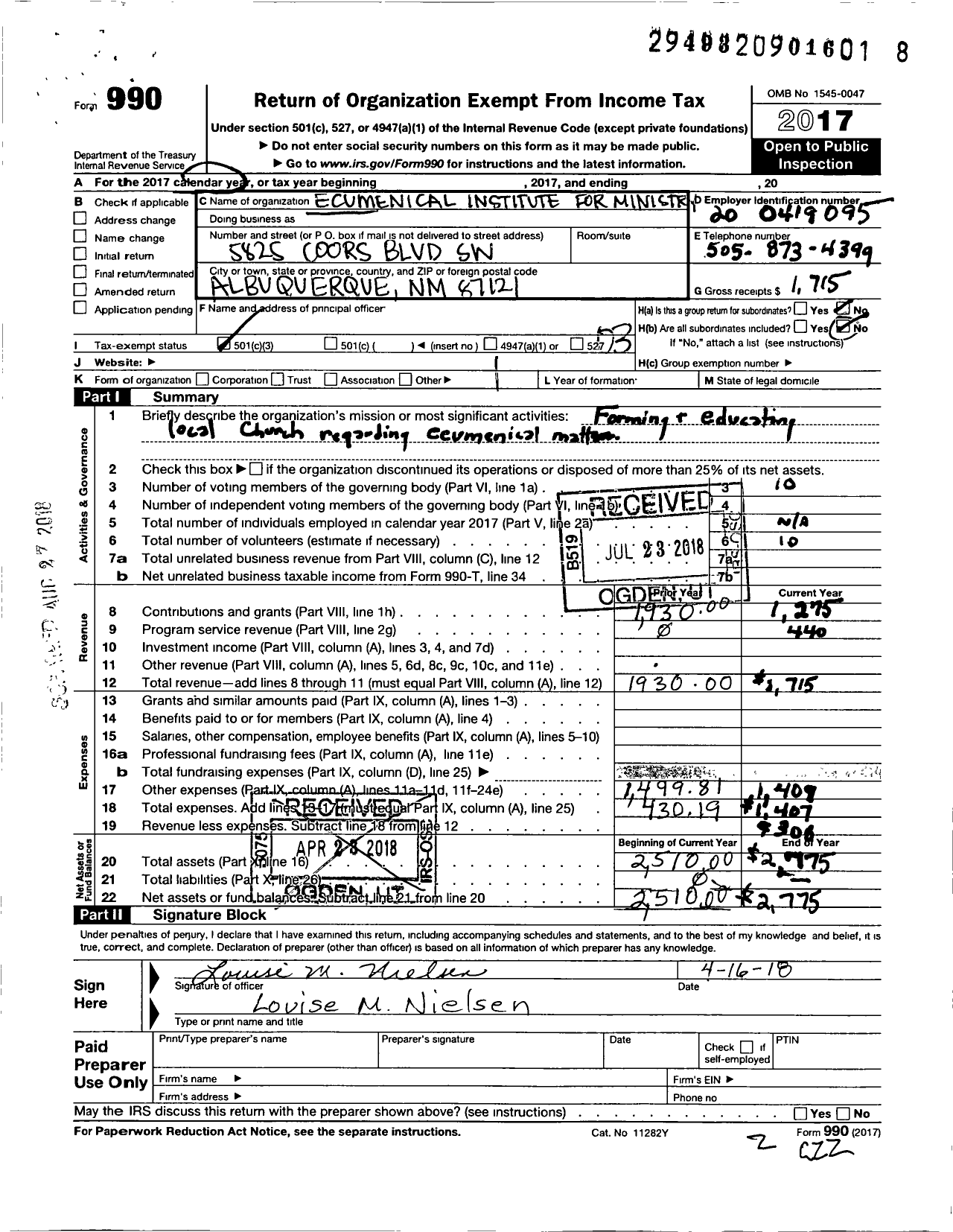 Image of first page of 2017 Form 990 for Ecumenical Institute for Ministry