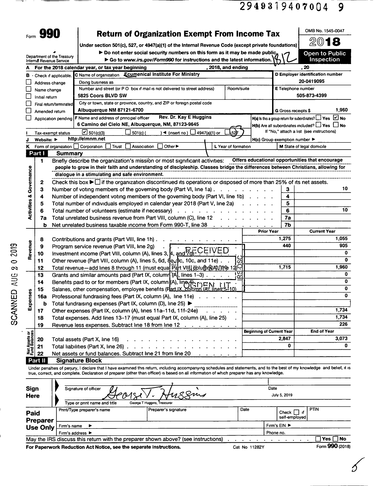 Image of first page of 2018 Form 990 for Ecumenical Institute for Ministry