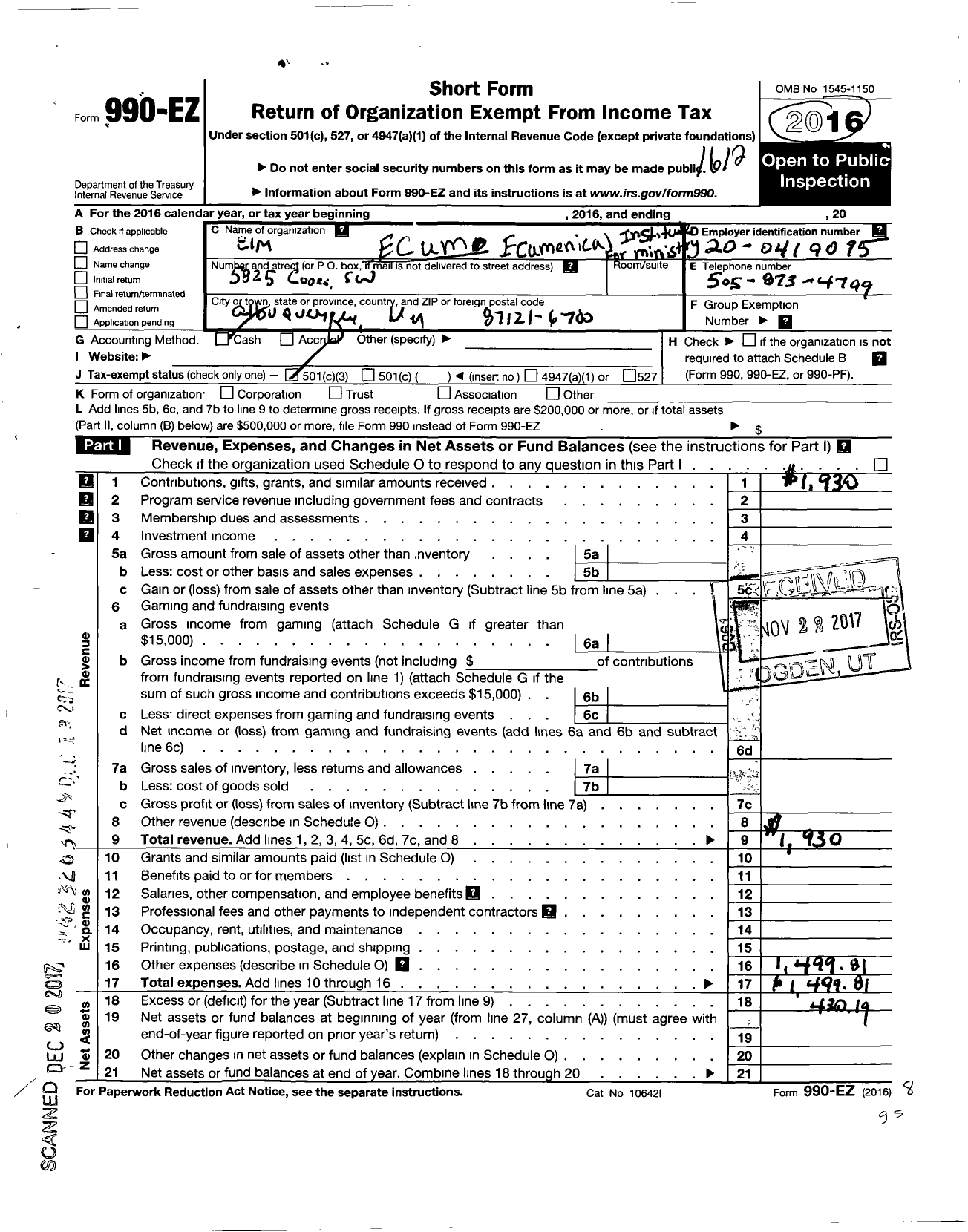 Image of first page of 2016 Form 990EZ for Ecumenical Institute for Ministry