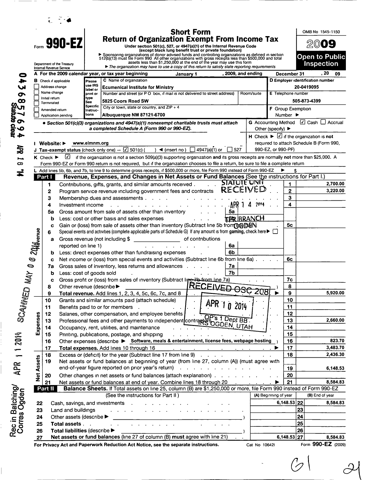 Image of first page of 2009 Form 990EO for Ecumenical Institute for Ministry