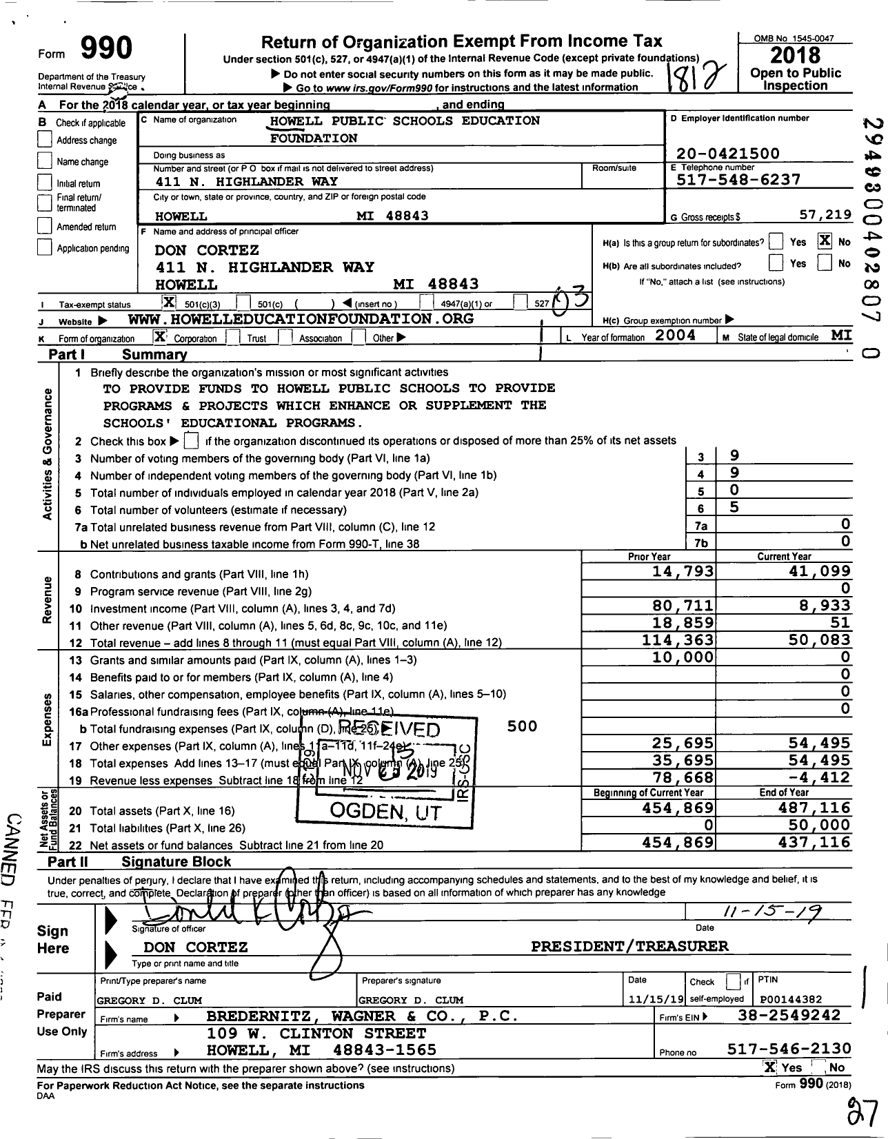 Image of first page of 2018 Form 990 for Howell Public Schools Education Foundation