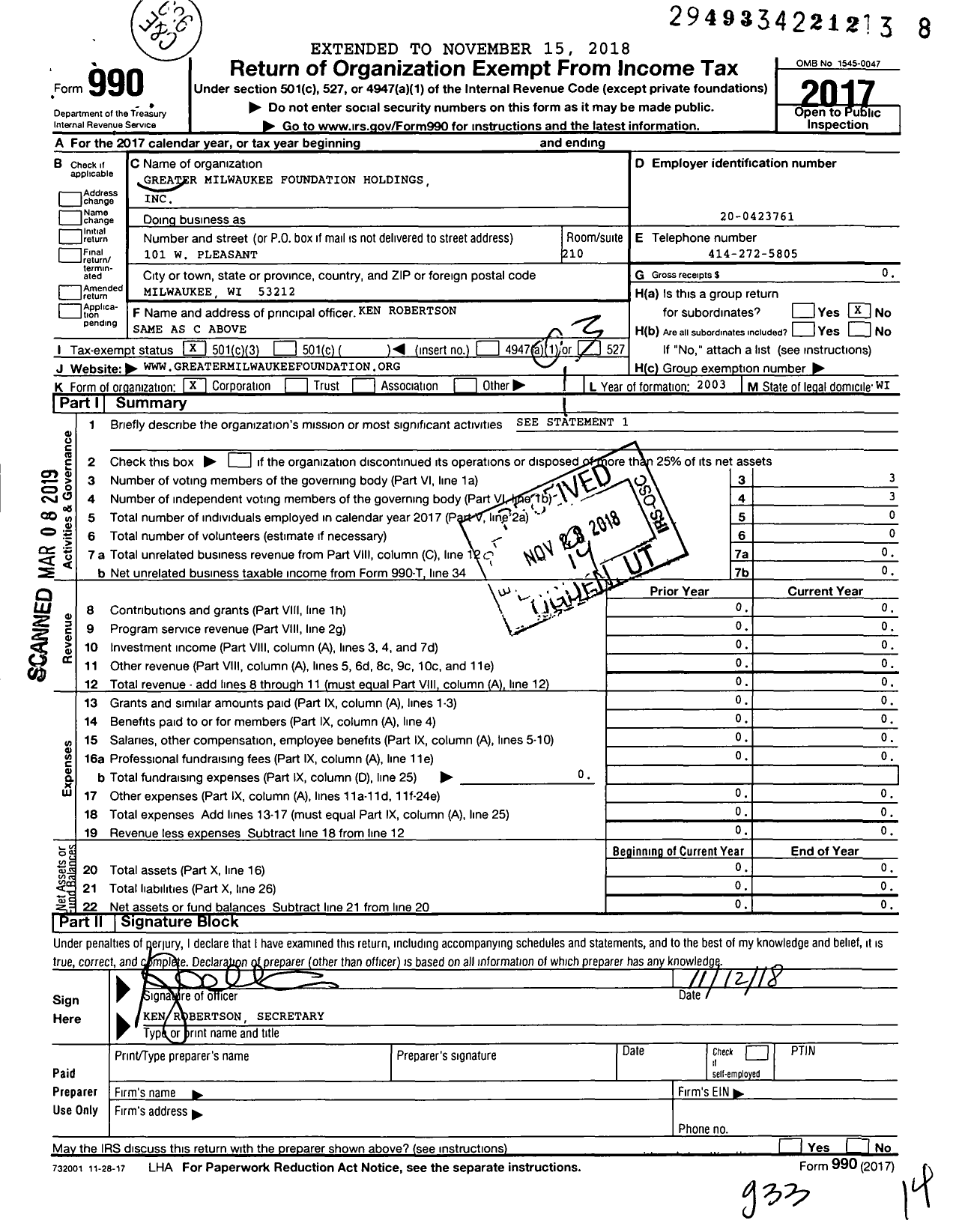 Image of first page of 2017 Form 990 for Greater Milwaukee Foundation Holdings