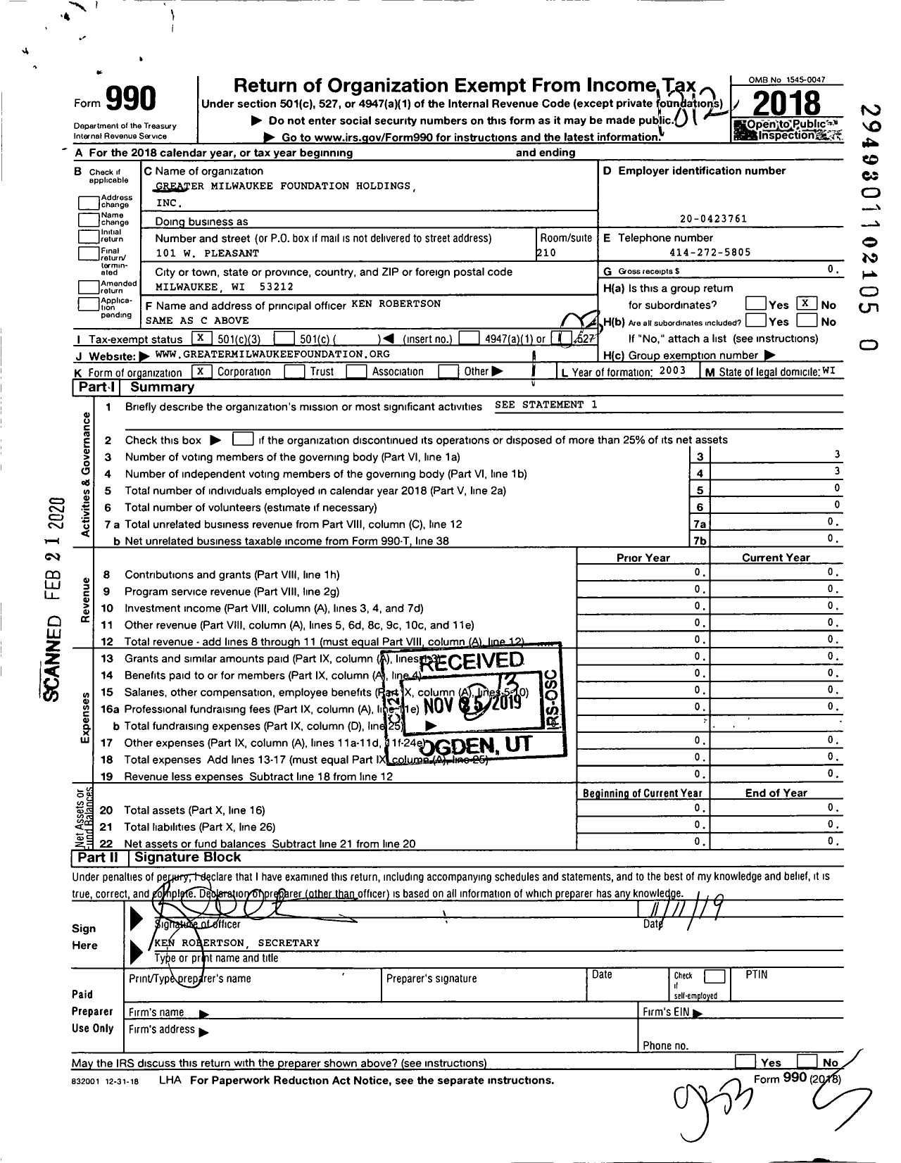 Image of first page of 2018 Form 990 for Greater Milwaukee Foundation Holdings