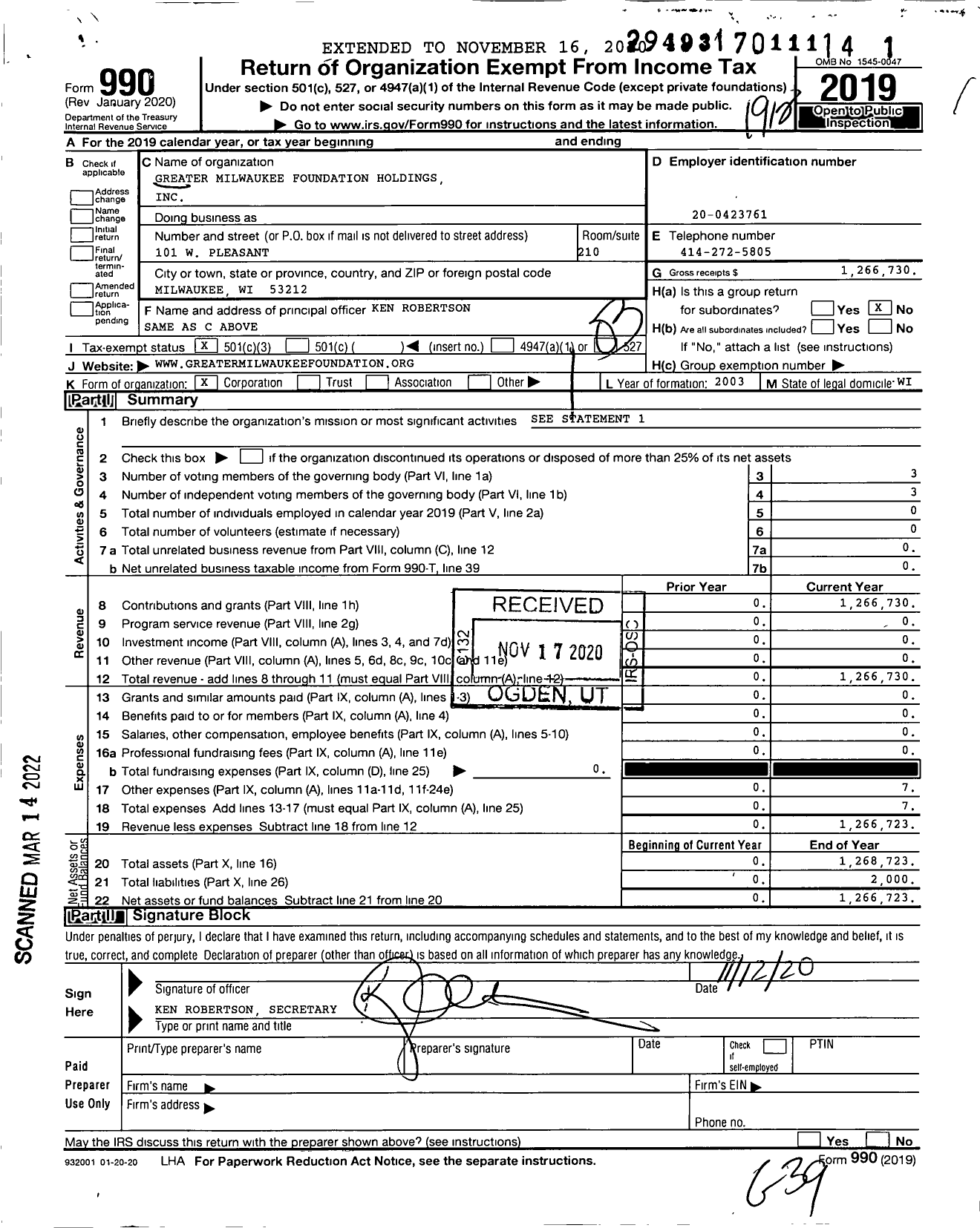 Image of first page of 2019 Form 990 for Greater Milwaukee Foundation Holdings
