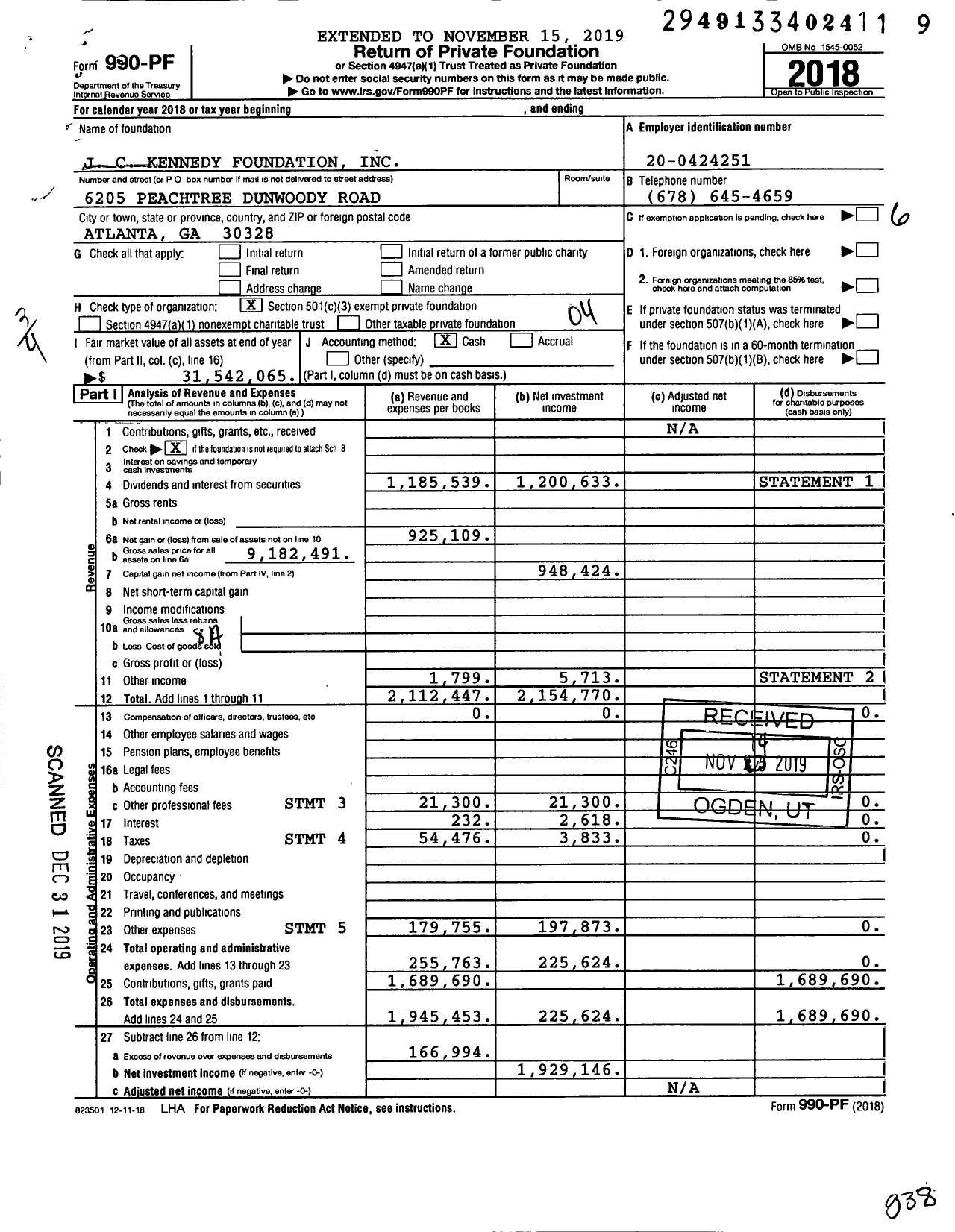 Image of first page of 2018 Form 990PF for J C Kennedy Foundation