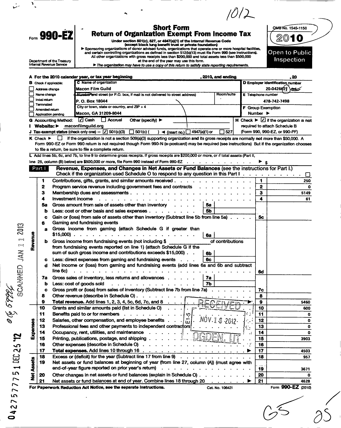 Image of first page of 2010 Form 990EZ for Macon Film Guild