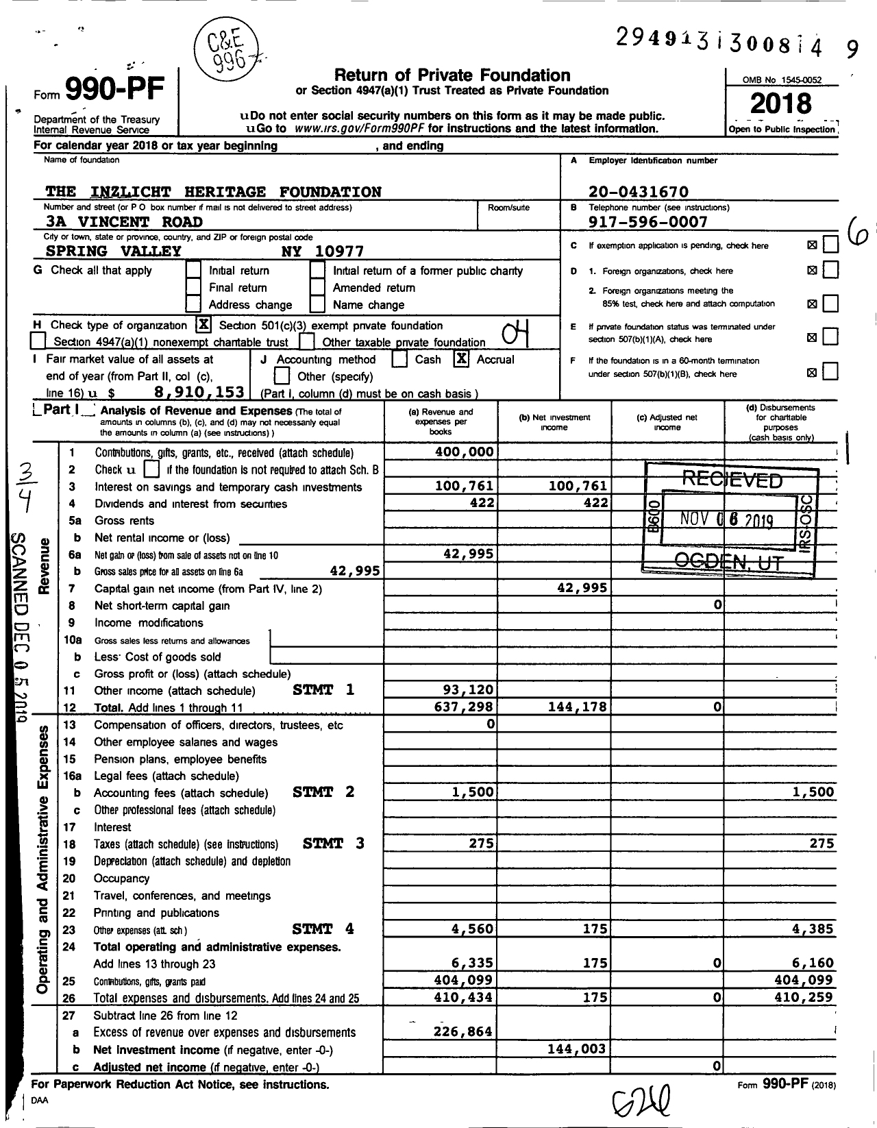 Image of first page of 2018 Form 990PF for The Inzlicht Heritage Foundation