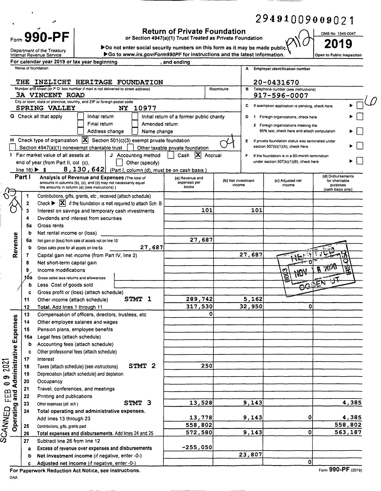 Image of first page of 2019 Form 990PF for The Inzlicht Heritage Foundation