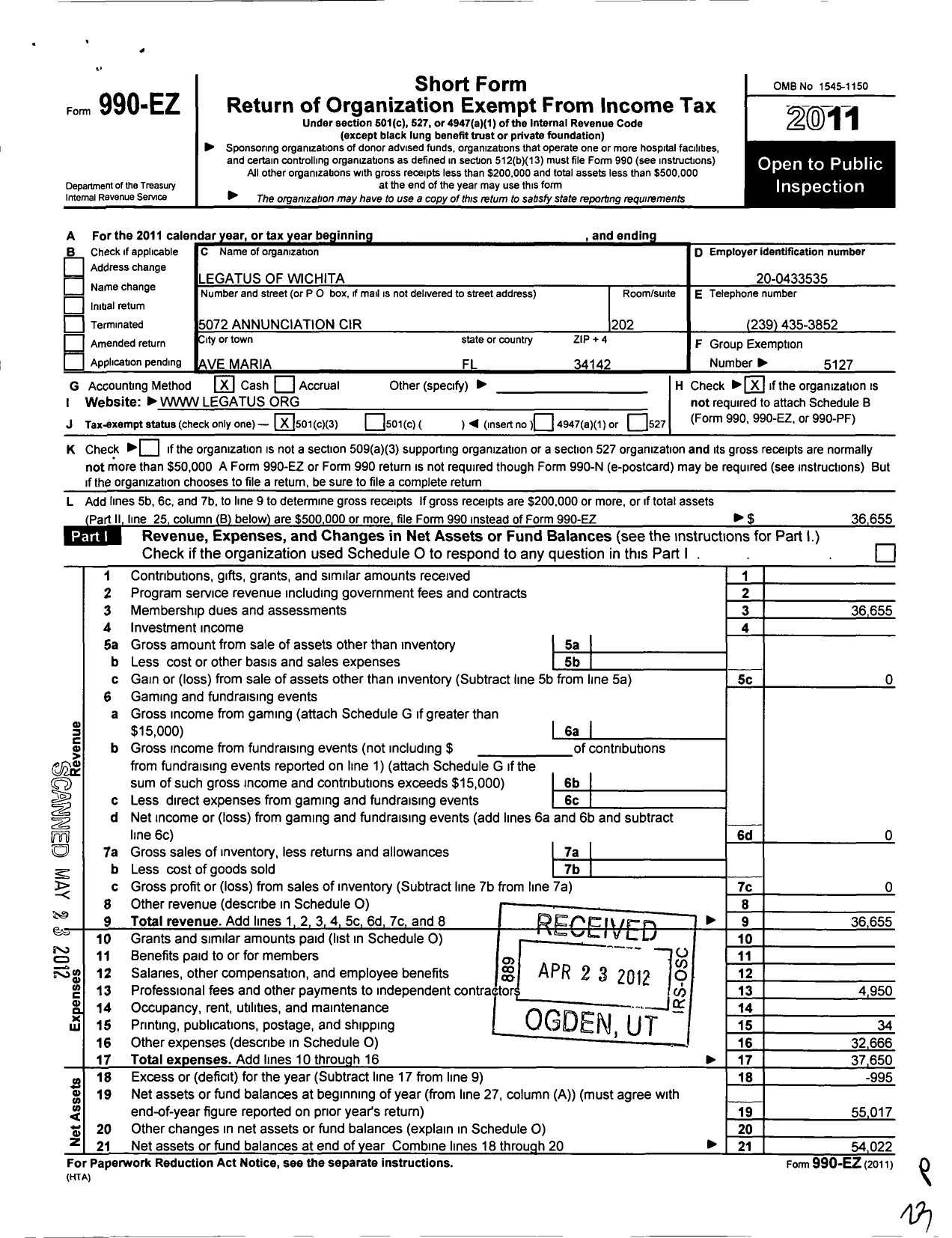 Image of first page of 2011 Form 990EZ for Legatus