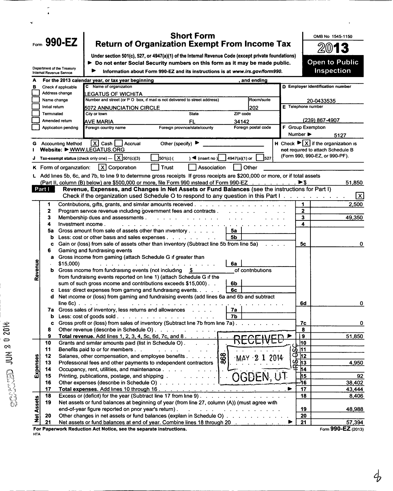 Image of first page of 2013 Form 990EZ for Legatus