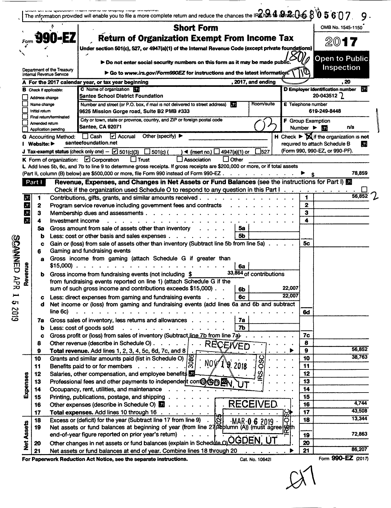 Image of first page of 2017 Form 990EZ for Santee School District Foundation